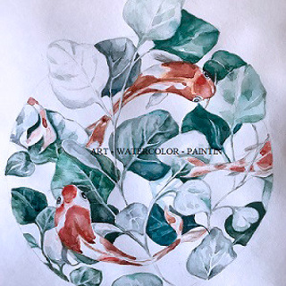 Aquarium: Goldfish in green leaves, painting by Irene Postolny, watercolor.