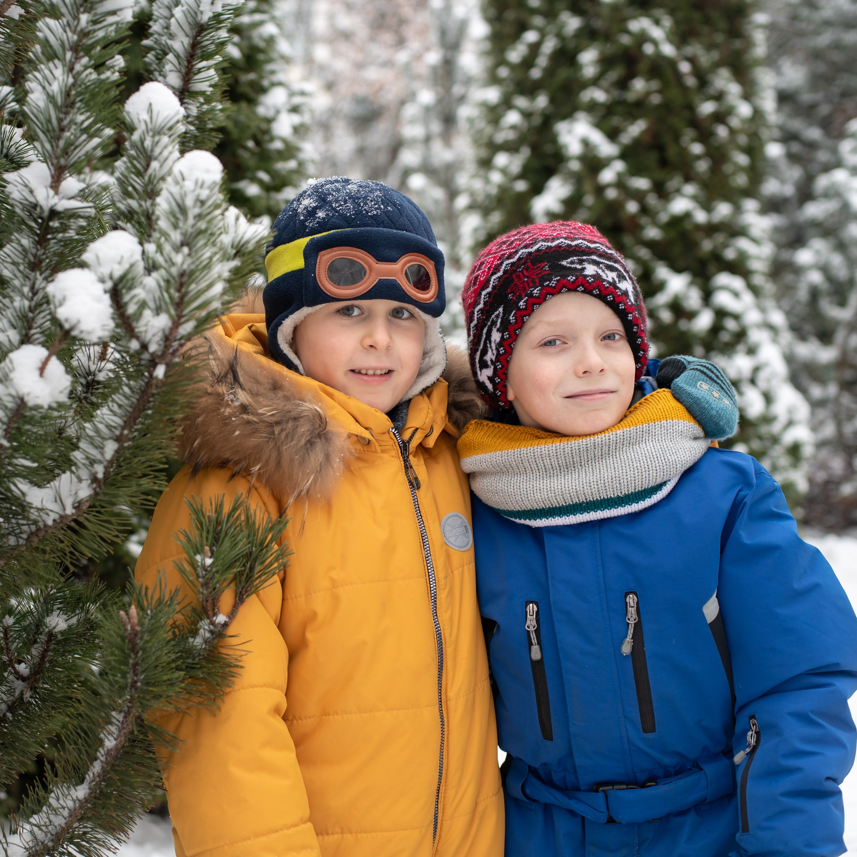Мальчики на прогулке в детском саду около заснеженной сосны в ярких куртках и шапках.