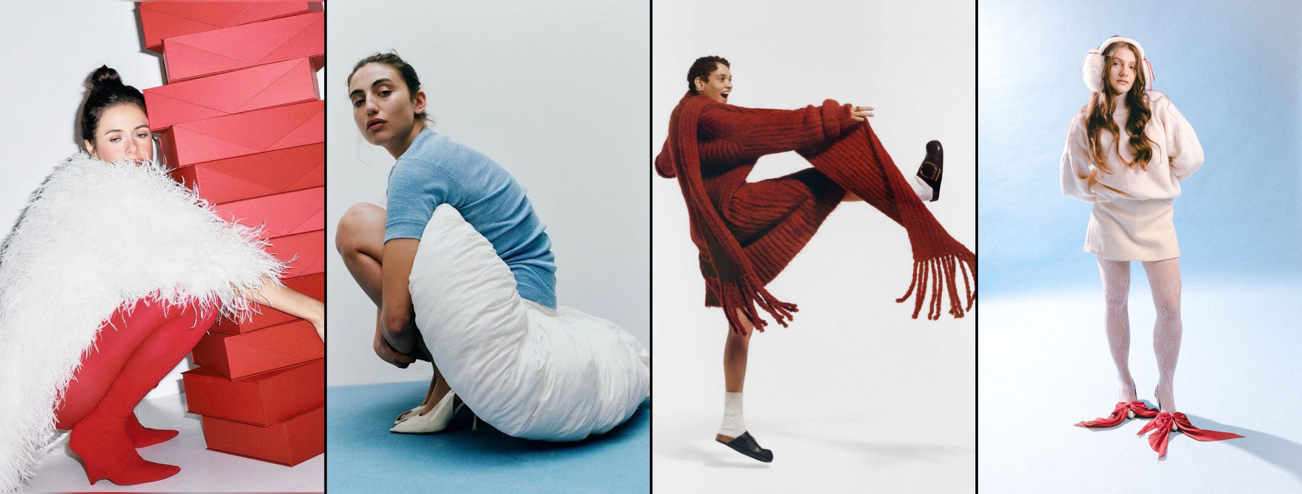 Коллаж с подборкой идей для минималистичной новогодней фотосессии. Изображены девушки в красивых образах.