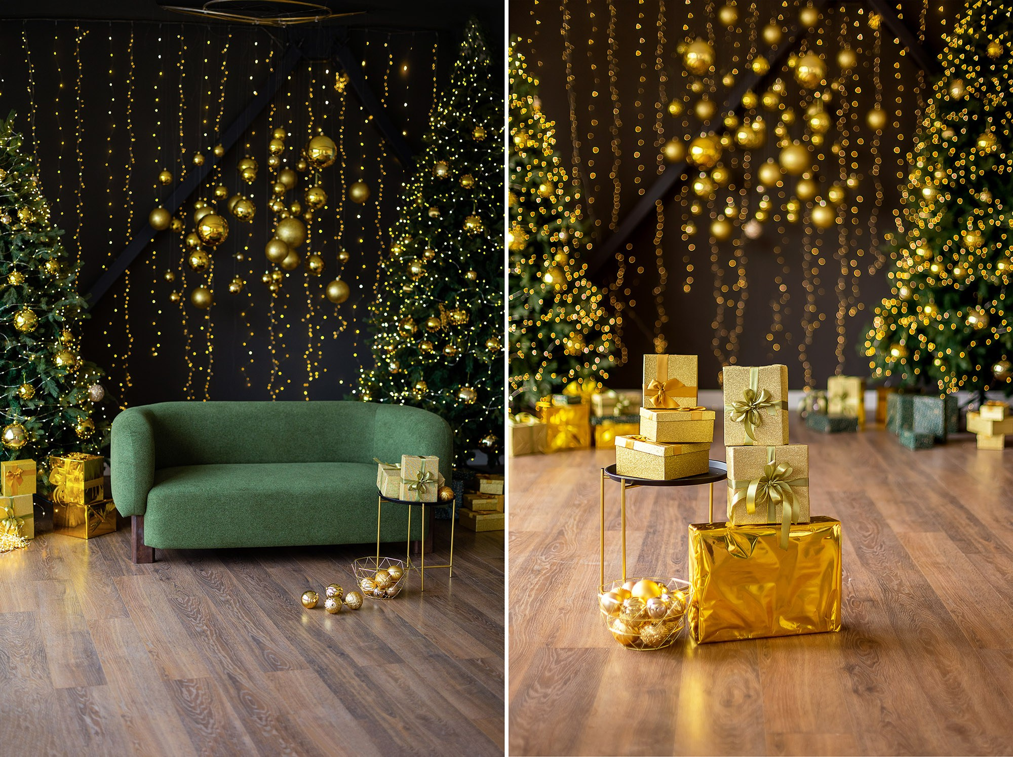 Классическая новогодняя фотосессия в студии «Авокадо» (зал «Фемели») в Ростове-на-Дону. Пространство с несколькими праздничными локациями позволяет создать разнообразные семейные фотографии в едином стиле. Традиционный новогодний интерьер с современными элементами.