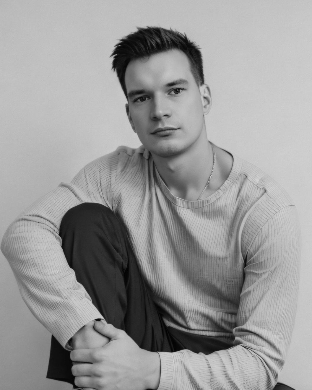 Фотограф сидит на кубе, позирует для автопортрета.