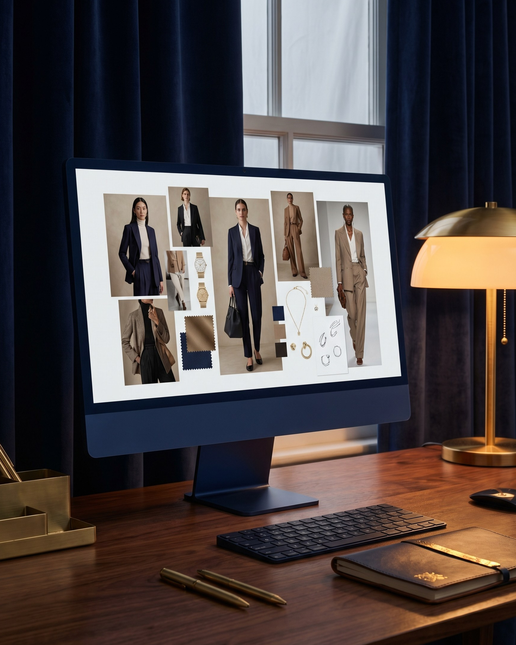 AI-визуал рабочего стола с монитором и fashion-контентом, нейро-контент для бренда, AI-визуал для digital-презентации