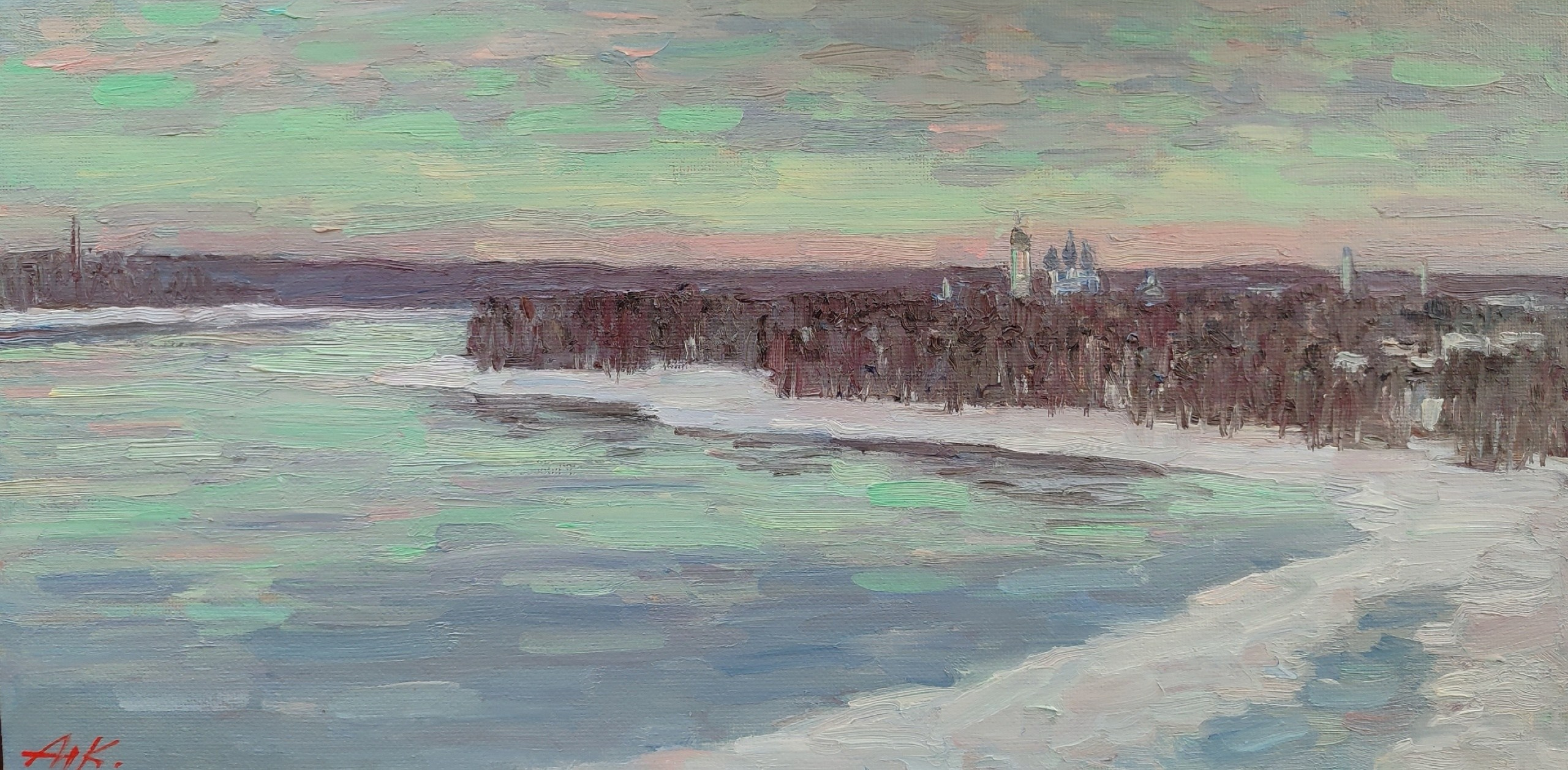 Живопись маслом картина - Весенний рассвет над рекой, таяние льдов и утреннее небо над пейзажем