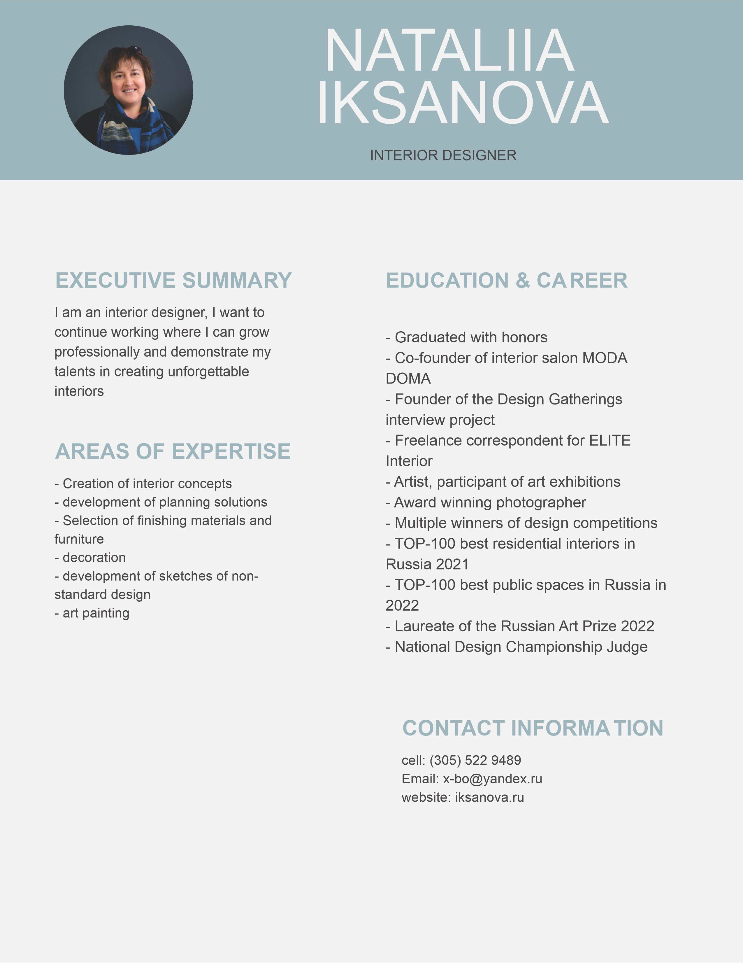 BIO. Interior designer Nataliia Iksanova