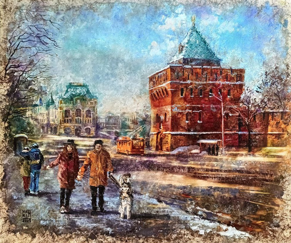 картины, интерьерные картины, картины маслом, масло, природа, живопись, Нижний Новгород, город, картина с Нижнем Новгородом, виды Нижнего, прогулка по Нижнему, осень, осенняя картина, Дмитриевская башня, площадь Минина, нижегородские виды, кремль