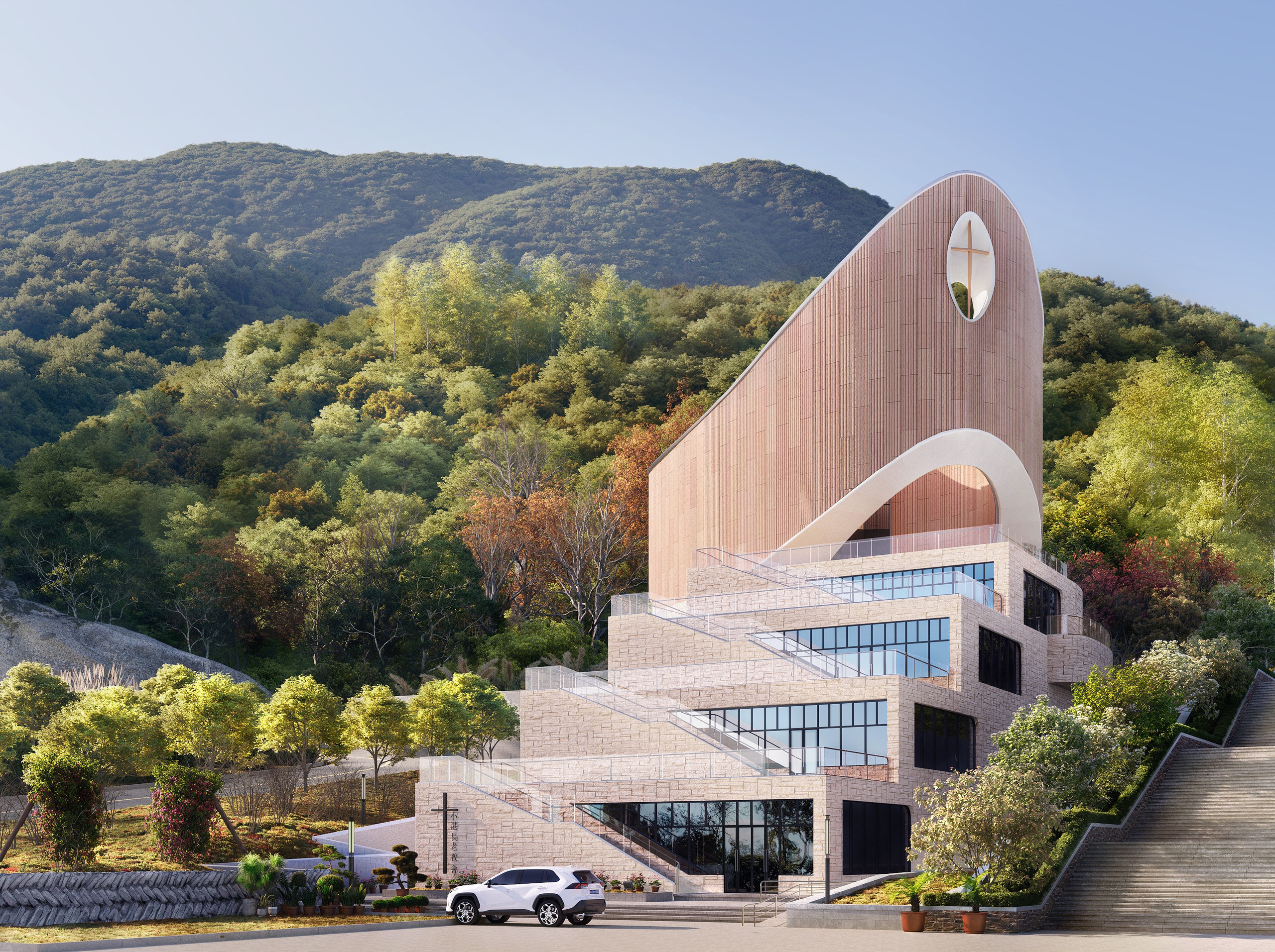 Mountain Church of Julong, China, exterior 3D visualization. Визуализация по референсу с сайта archdaily