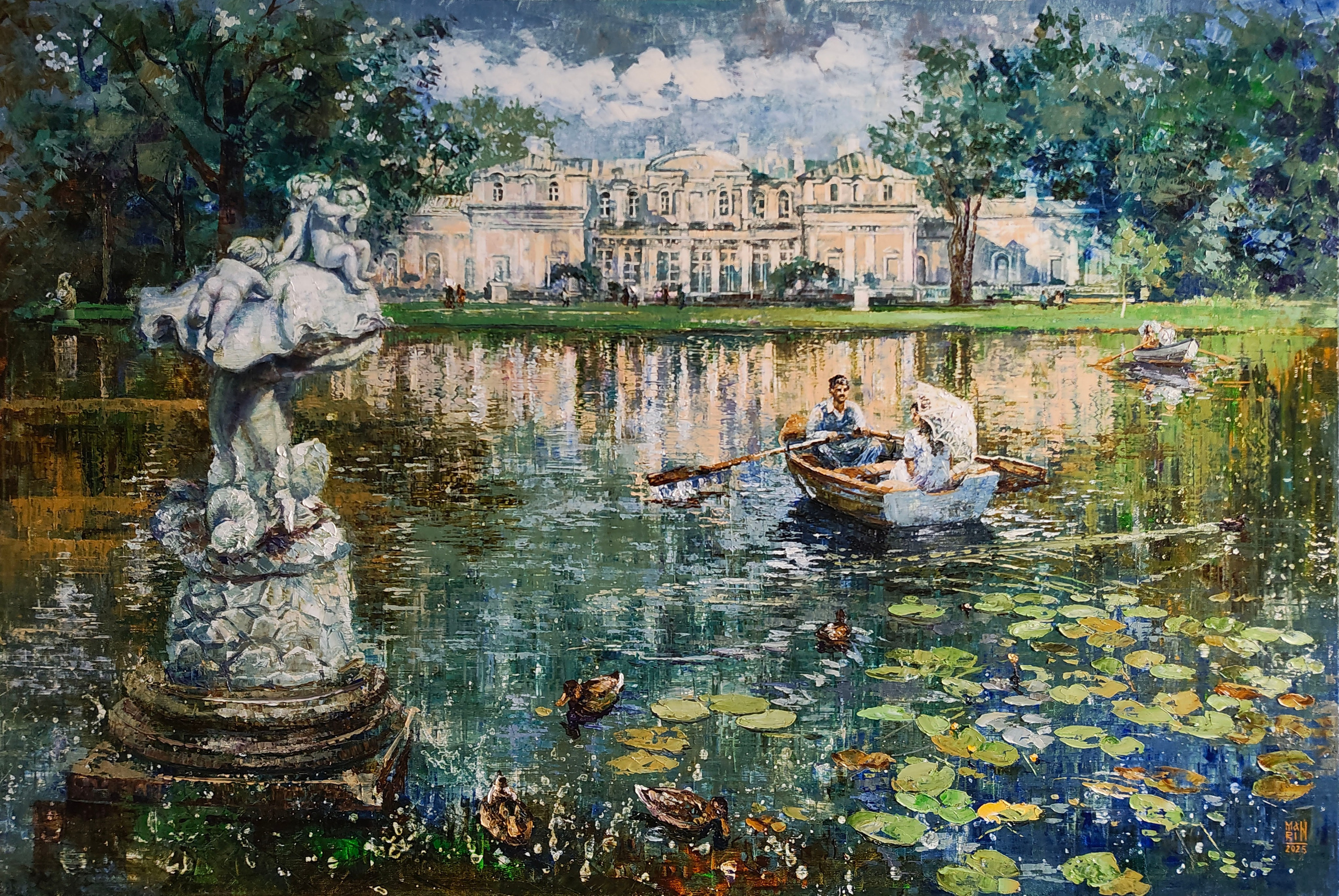 картины, картины маслом, масло,  природа, живопись, старина, ретро стиль, Марина Новосельская, эксклюзив, картина в подарок, картина женщине, Санкт-Петербург, Ориенбаум, Китайский дворец, отражение а воде, картина с лодкой, романтика, пара, картина с озером, амуры, утки, кувшинки, картина с кувшинками