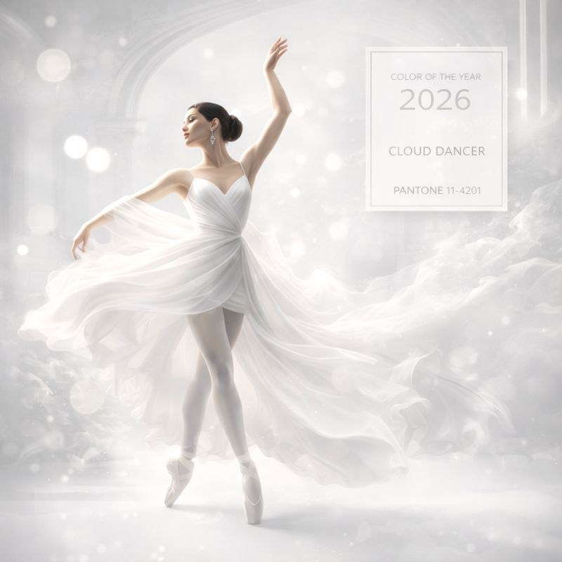 Танцовщица в движении в светлом воздушном платье, художественный образ цвета года 2026 Cloud Dancer, минимализм и ощущение воздуха