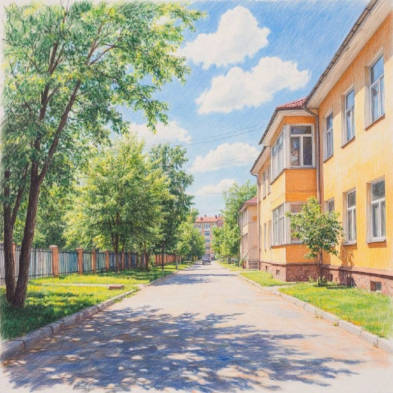 Остров Сахалин. Уютная улица с домами под красными крышами, обсаженная деревьями. Вдали — город и горы, небо с пушистыми облаками. 
