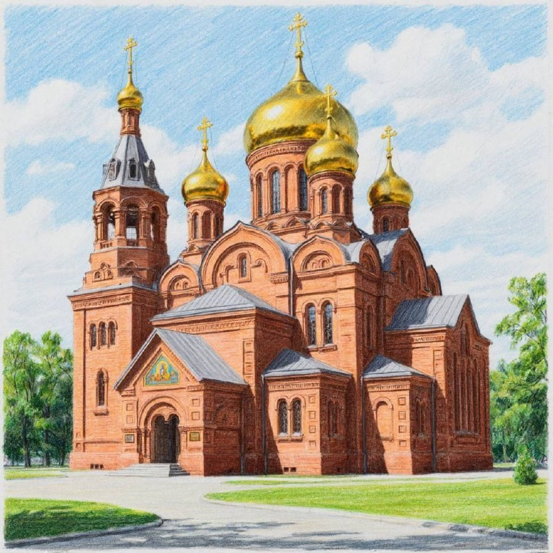 Старинное здание с красным куполом, окружённое зелёными деревьями. Улица пуста, атмосфера спокойная.