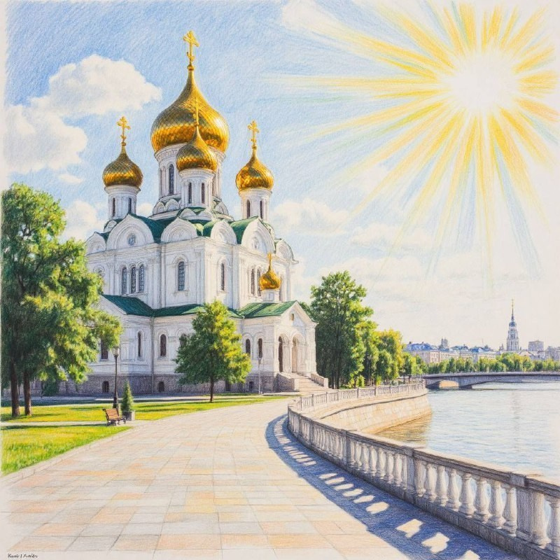 Огромный кирпичный храм с золотыми куполами, окружённый зелёными деревьями. Тихо, солнечно, атмосфера благоговейная.