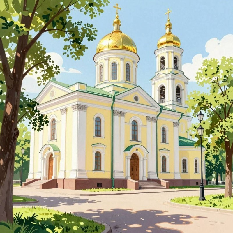 Санкт-Петербург. Дворец с золотыми куполами у канала — вокруг зелень, небо ясное, атмосфера царская.
