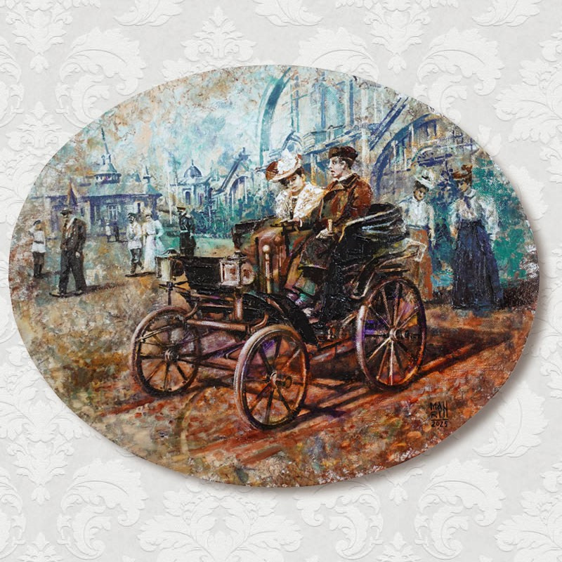 картины, интерьерные картины, картины маслом, масло,  природа, живопись, Нижний Новгород, город, картина с Нижнем Новгородом, виды Нижнего,  старина, ретро стиль, прогулка по Нижнему, нижегородские виды, транспорт, первый автомобиль