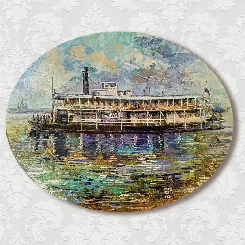 картины, интерьерные картины, картины маслом, масло,  природа, живопись, Нижний Новгород, город, картина с Нижнем Новгородом, виды Нижнего,  старина, ретро стиль, прогулка по Нижнему, нижегородские виды, транспорт, пароход