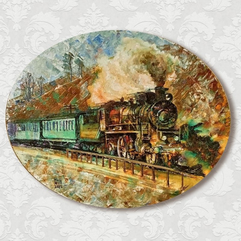 картины, интерьерные картины, картины маслом, масло,  природа, живопись, Нижний Новгород, город, картина с Нижнем Новгородом, виды Нижнего,  старина, ретро стиль, прогулка по Нижнему, нижегородские виды, паровоз, железная дорога, транспорт