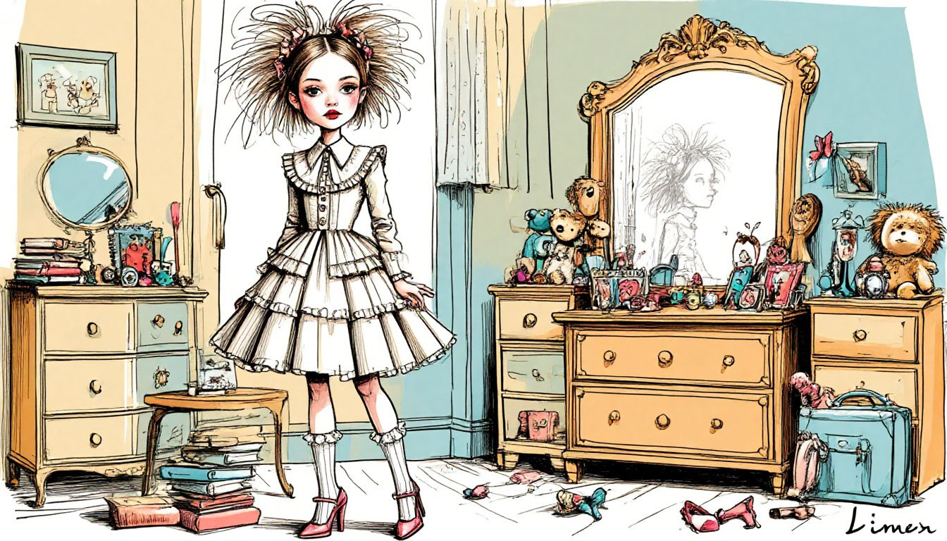 В красивой детской комнате стоит девочка-модница у зеркала, она уже сделала себе пышную прическу, накрасила ногти.