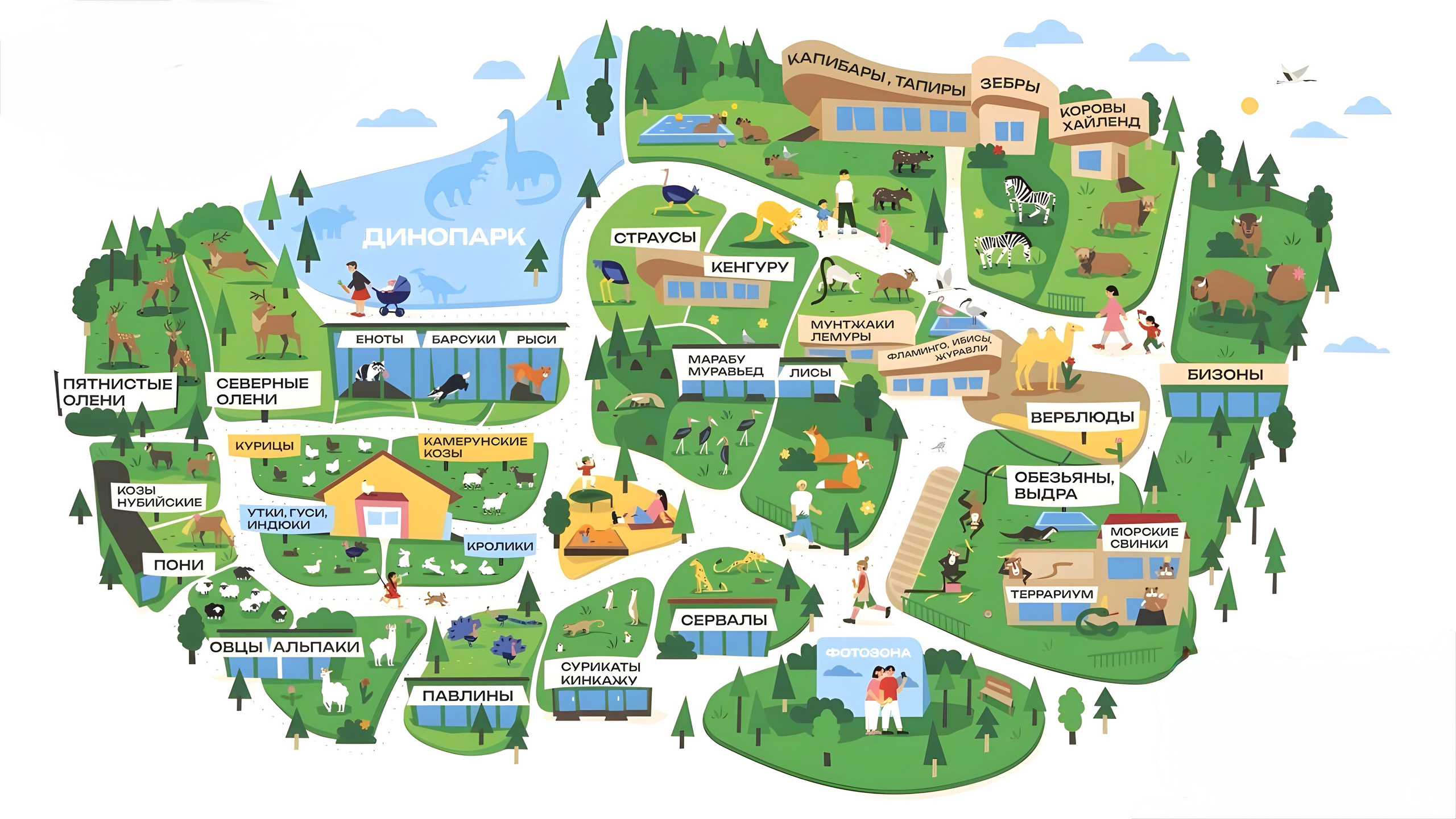 Схема территории зоопарка Лесная Братва — вольеры террариум мир попугаев кафе парковка