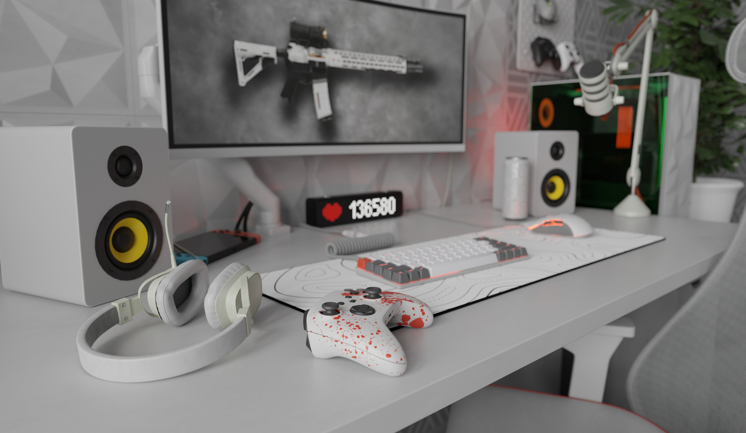 Белый интерьер геймера. Купить коммерческие фотографии для использования в дизайне и рекламе