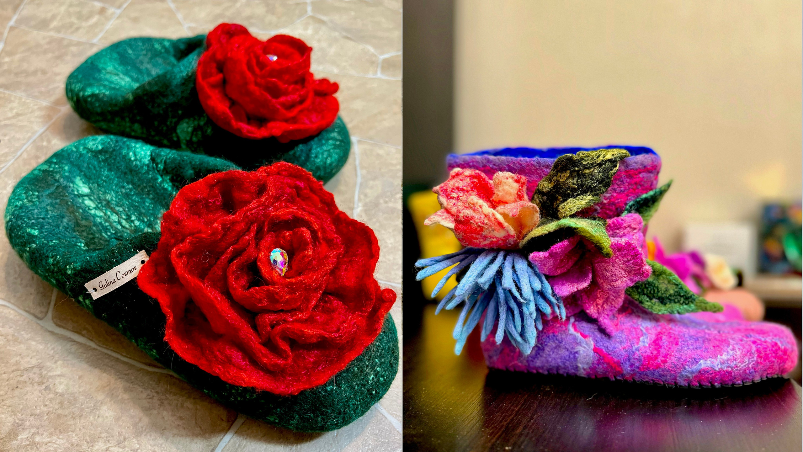 Валенки из войлока ручной работы фиолетовые с цветами - pavlusart.ru