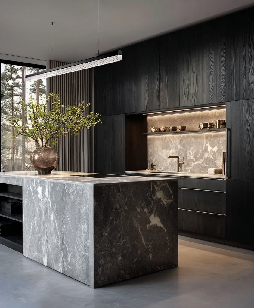 дизайн черной кухни с островом