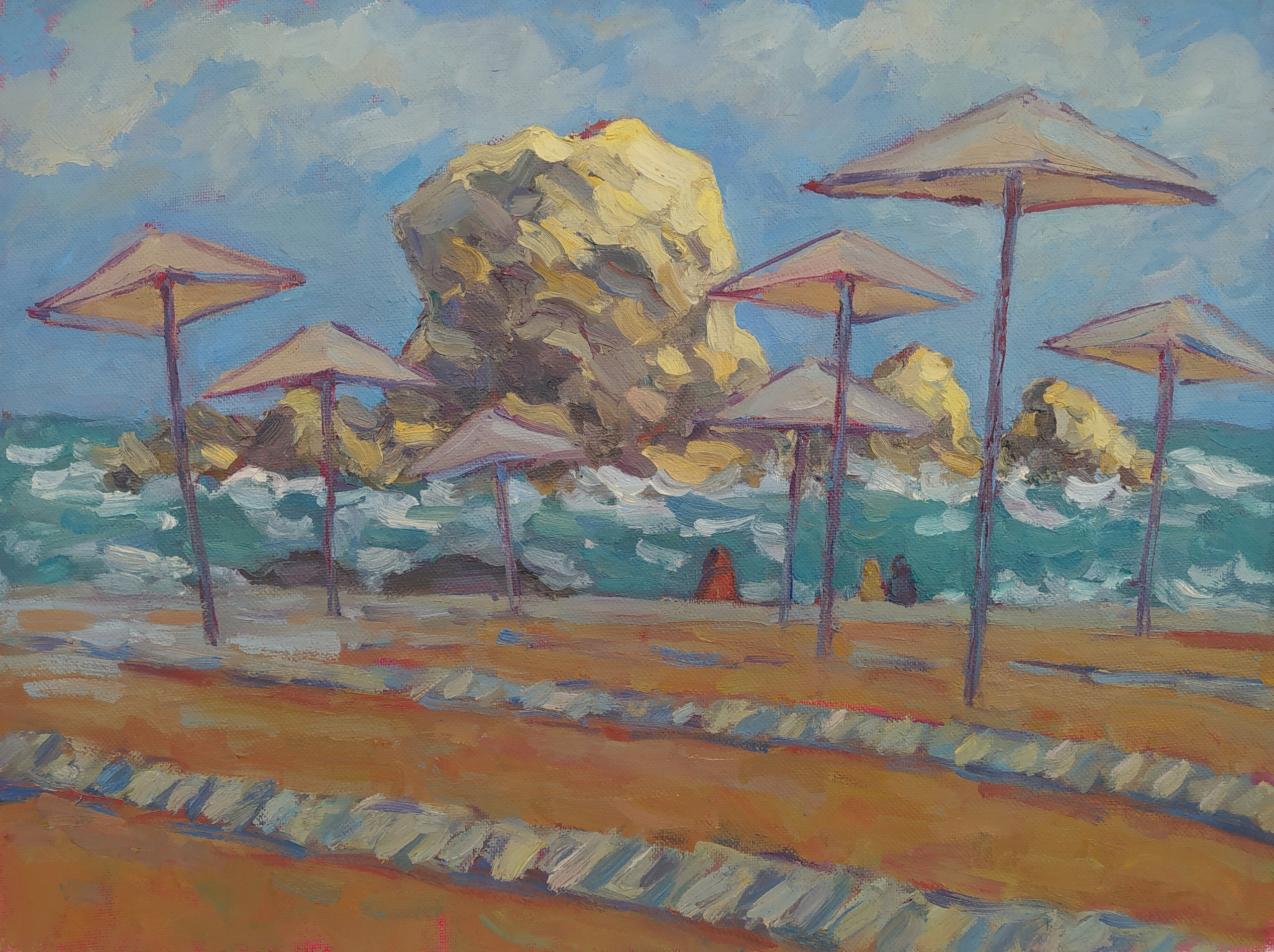 Пляж после шторма на фоне скал , современная живопись маслом, пейзаж