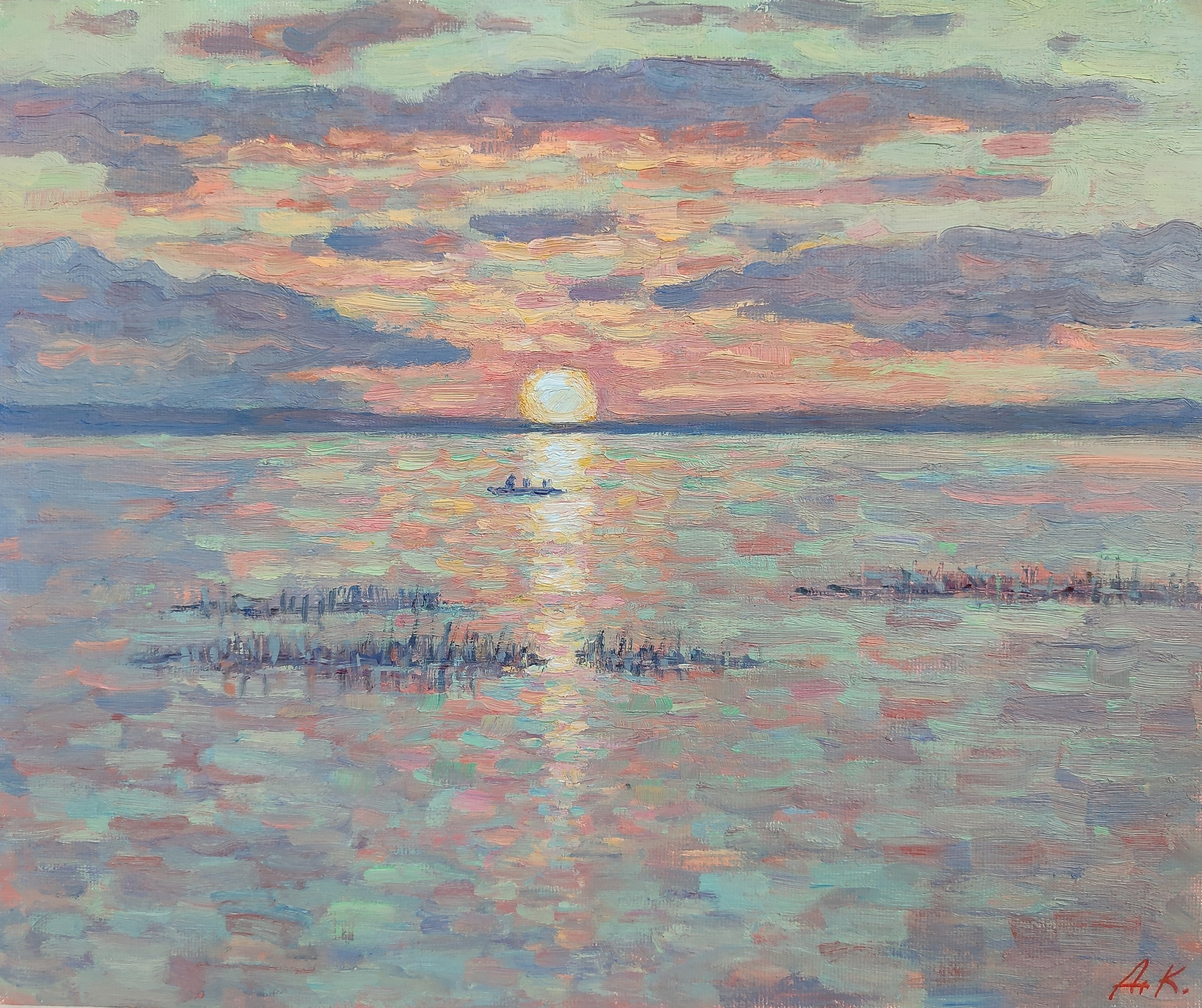 Красочный закат на Плещеевом озере небольшая картина маслом купить