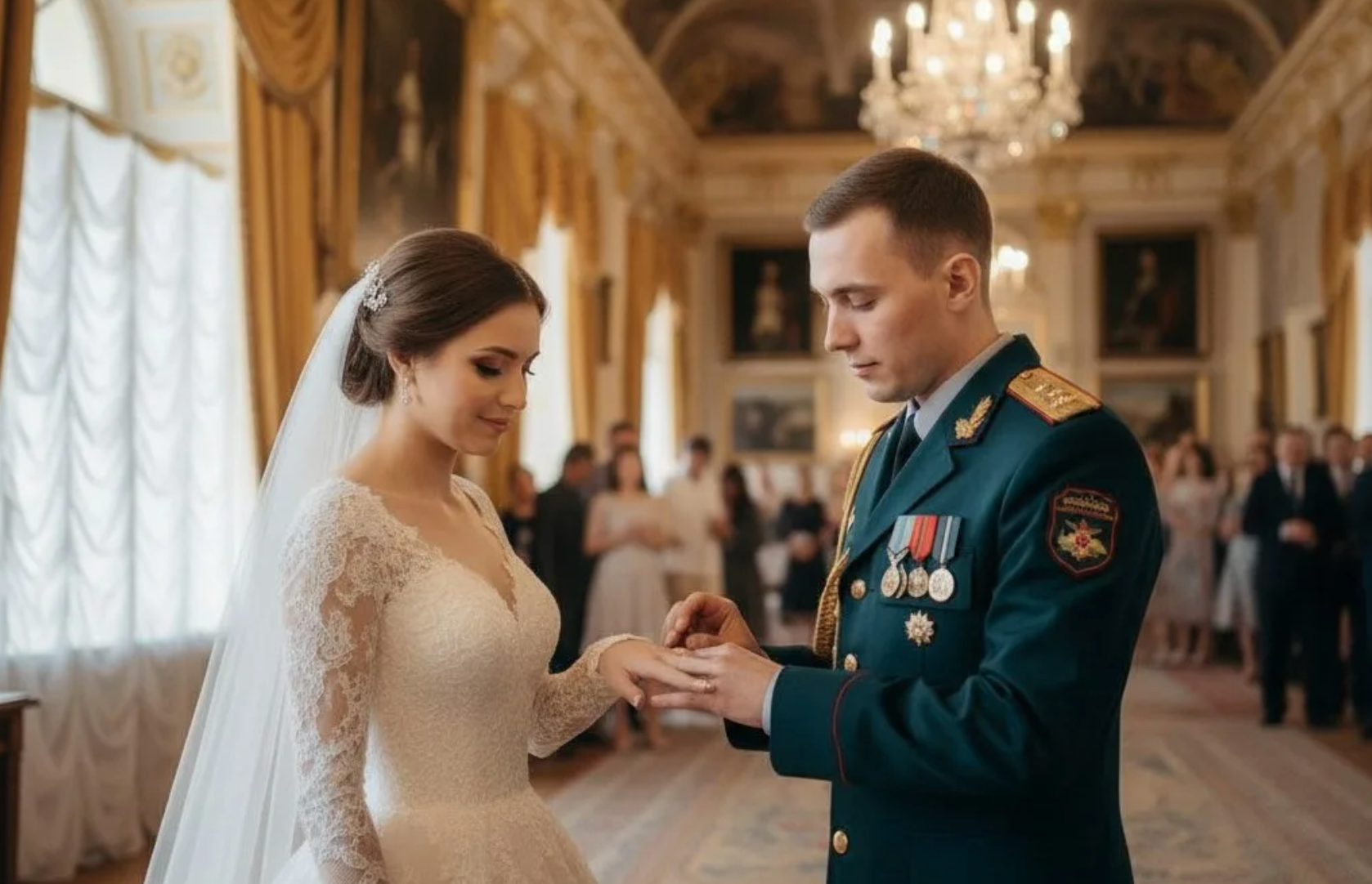жених военный одевает кольцо невесте в загсе, фото сгенерировано с помощью ии
