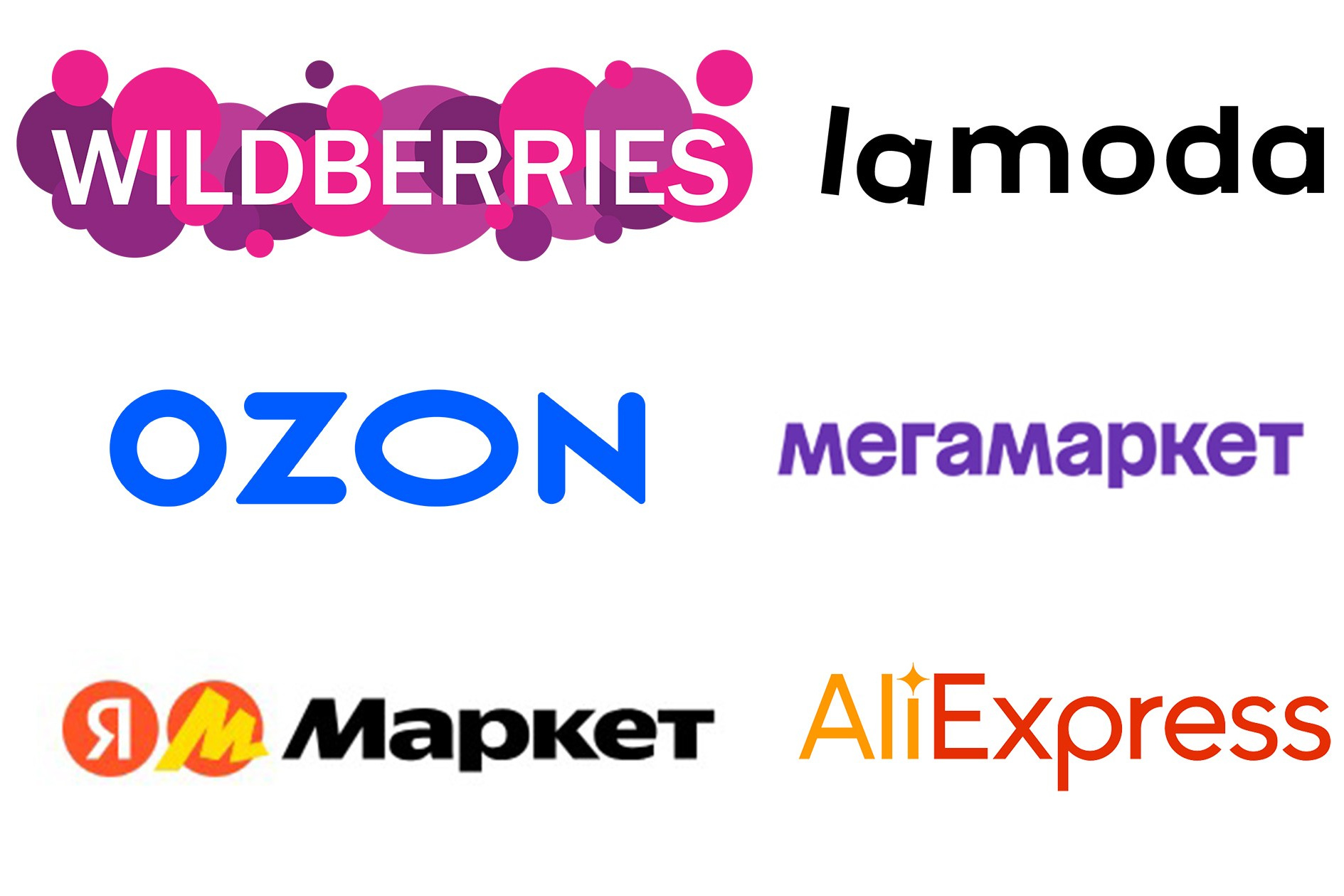 Логотипы Wildberries, La moda, Ozon, Мегамаркет, Яндекс Маркет, Aliexpress