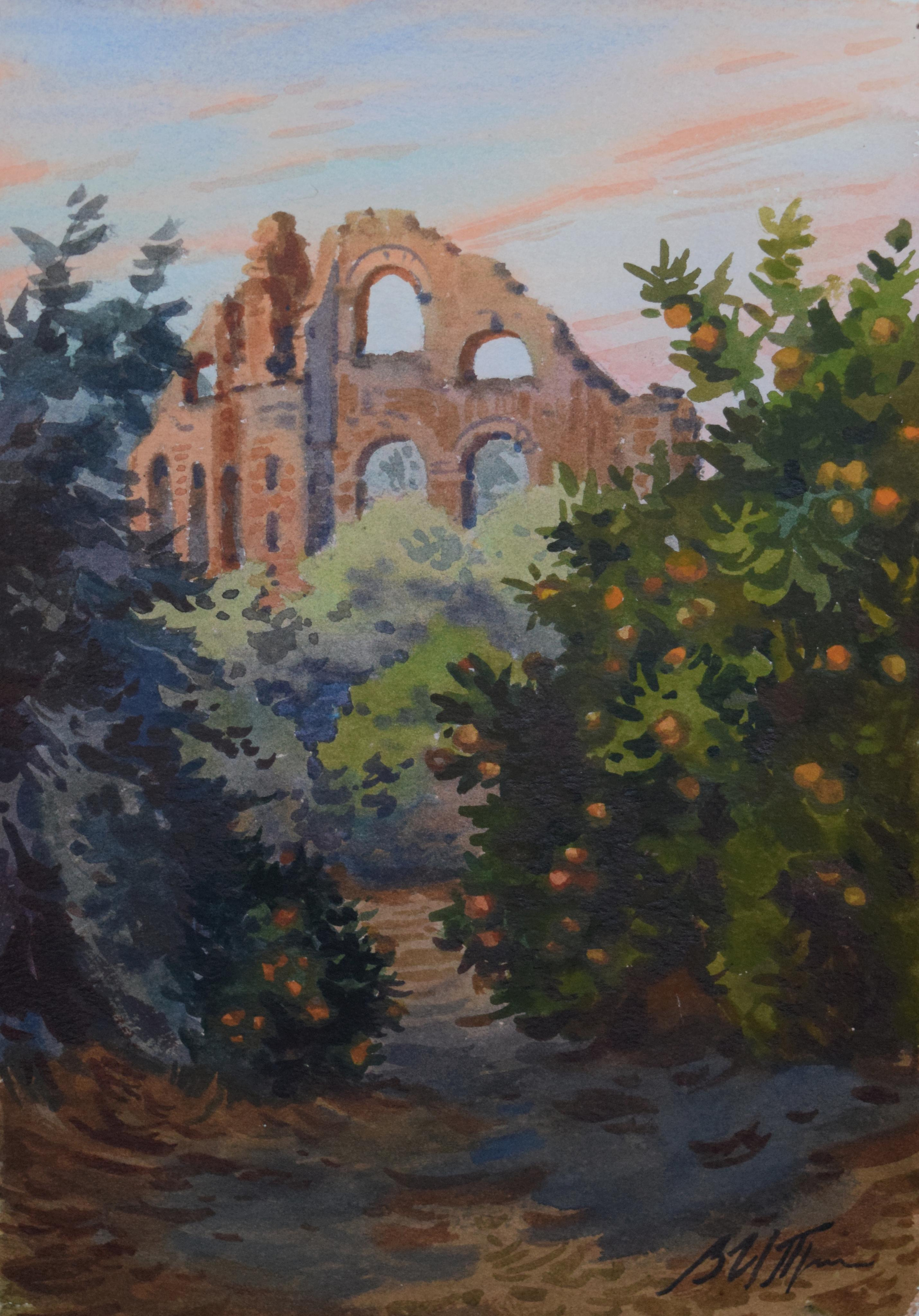 Акварель. Пейзаж. Картина. Турция. Аспендос. Римский акведук.  Романтизм. Путешествия. Вечернее солнце.