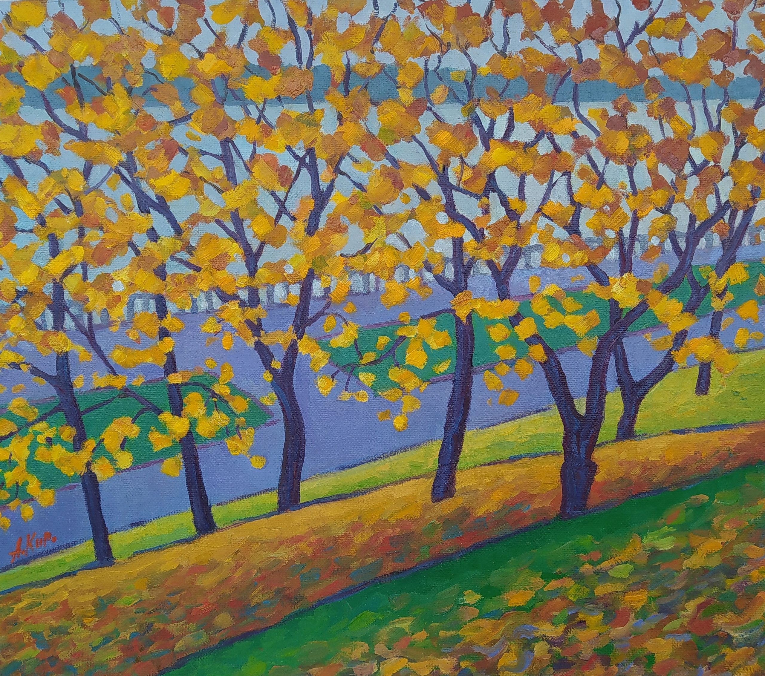 Золотая осень картина купить - Желтые деревья на набережной