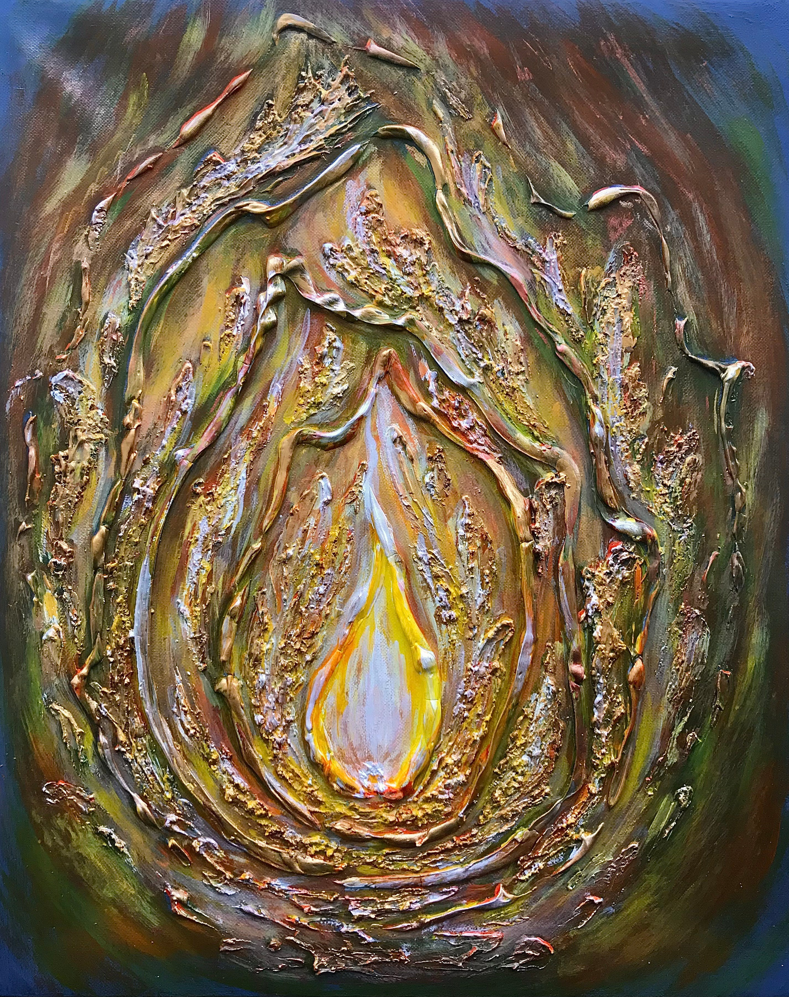 огонь свет зелень современная фактурная в интерьер подарок очаг зелено-желтая картина