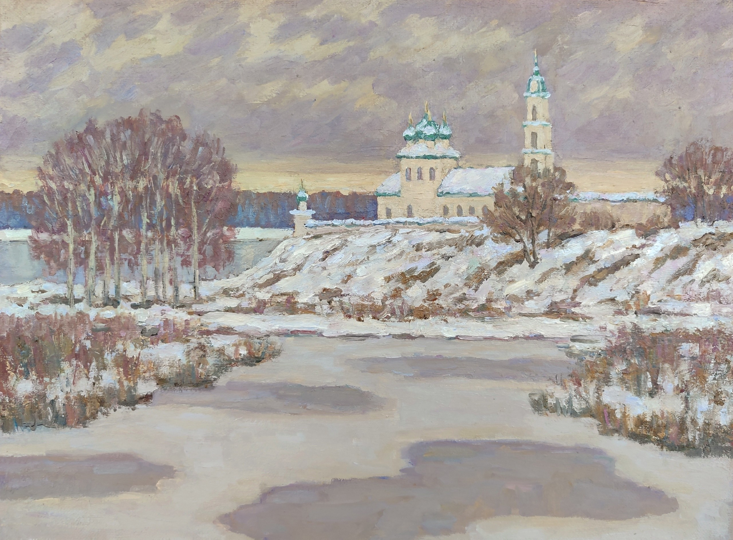 Пасмурный зимний пейзаж с церковью и проталинами, масляная живопись на холсте купить