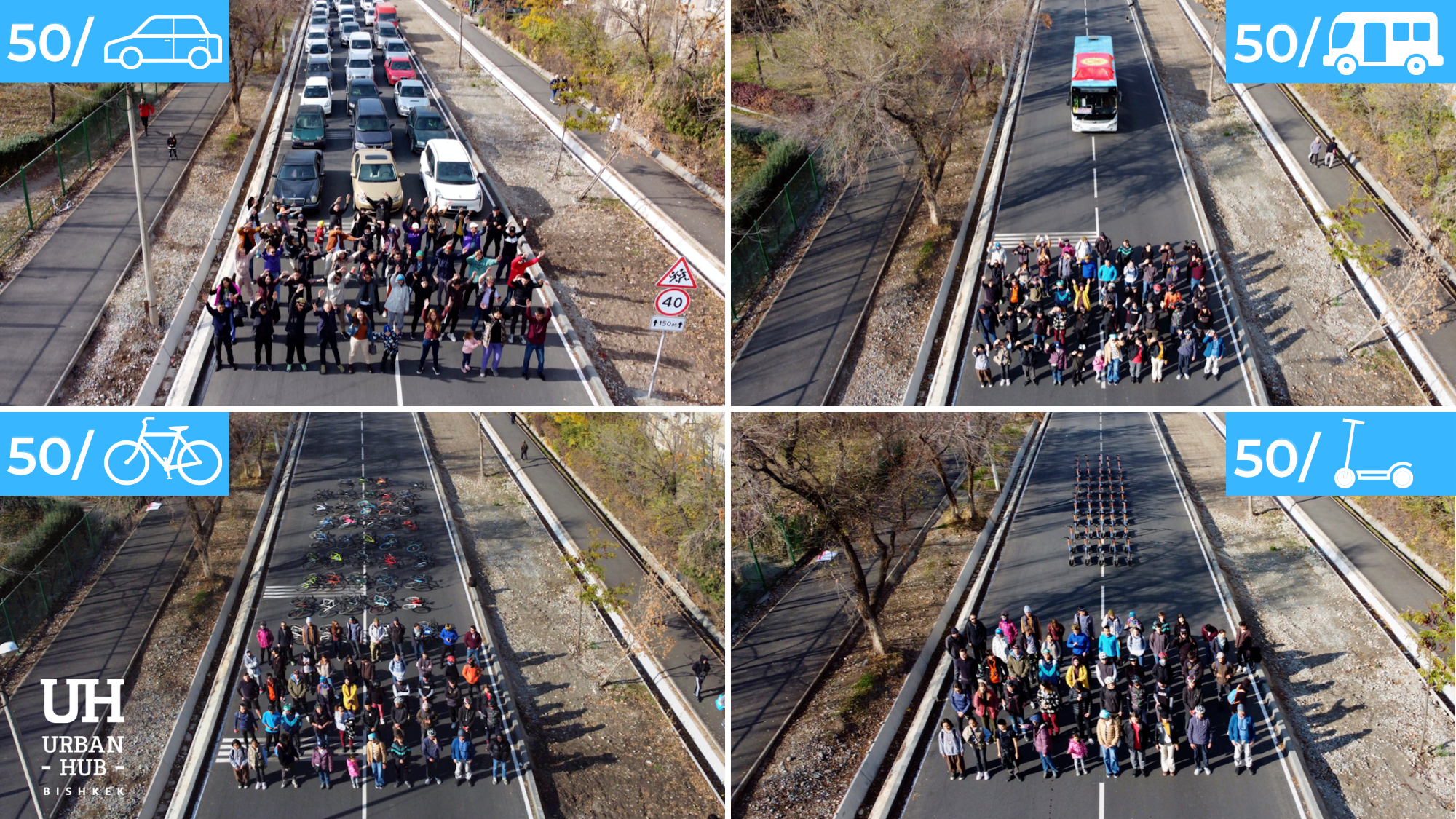 On November 5, 2022, members of the Urban HUB Bishkek community held a campaign “1 bus instead of 50 cars” to demonstrate how the city space is used depending on the type of transport used by citizen