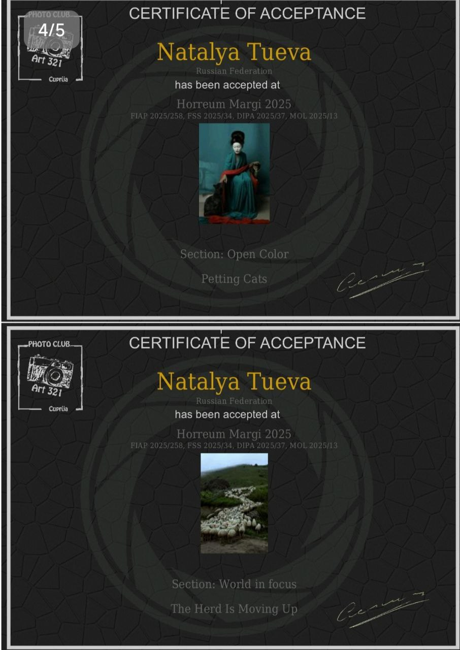 Дипломы и сертификаты. Фотограф Наталья Туева FineArt съёмка