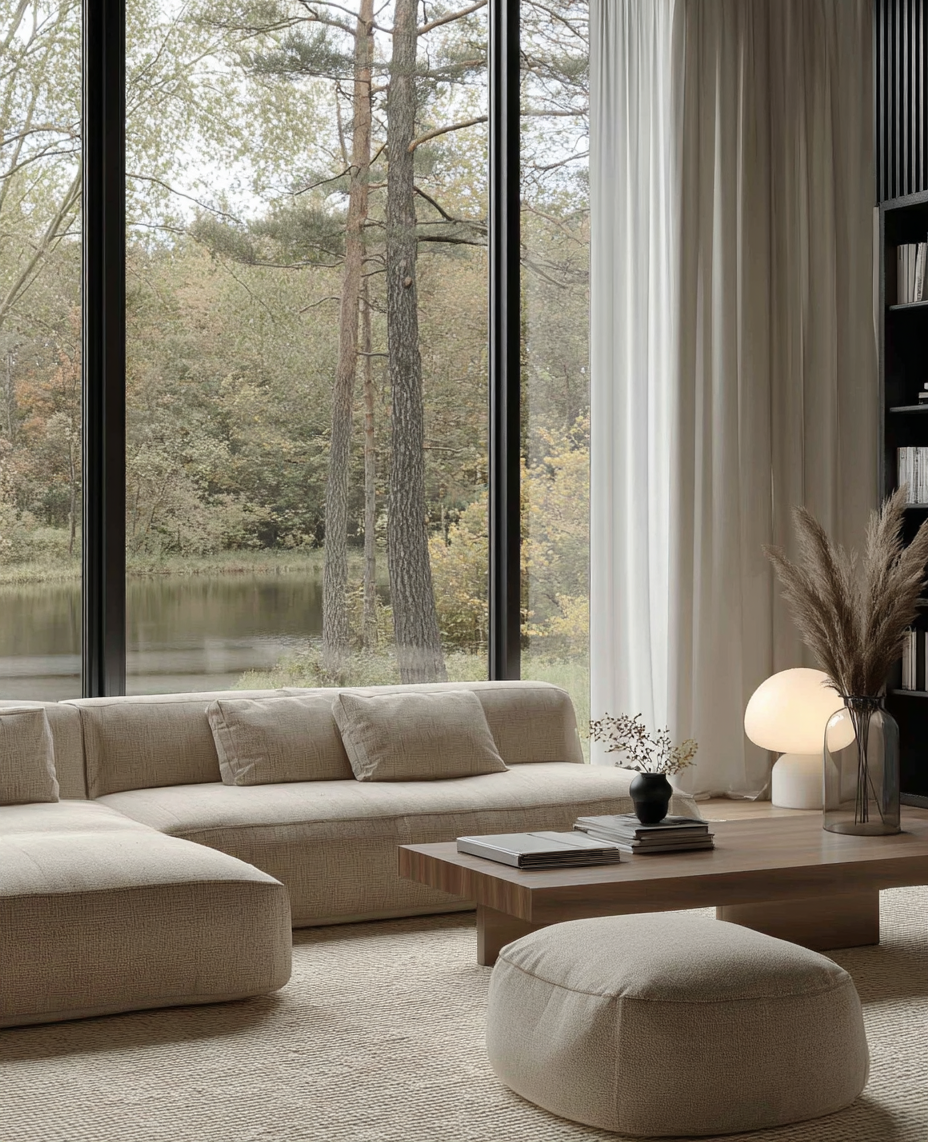 дом в лесу: дизайн гостиной в стиле минимализм в бежевых тонах