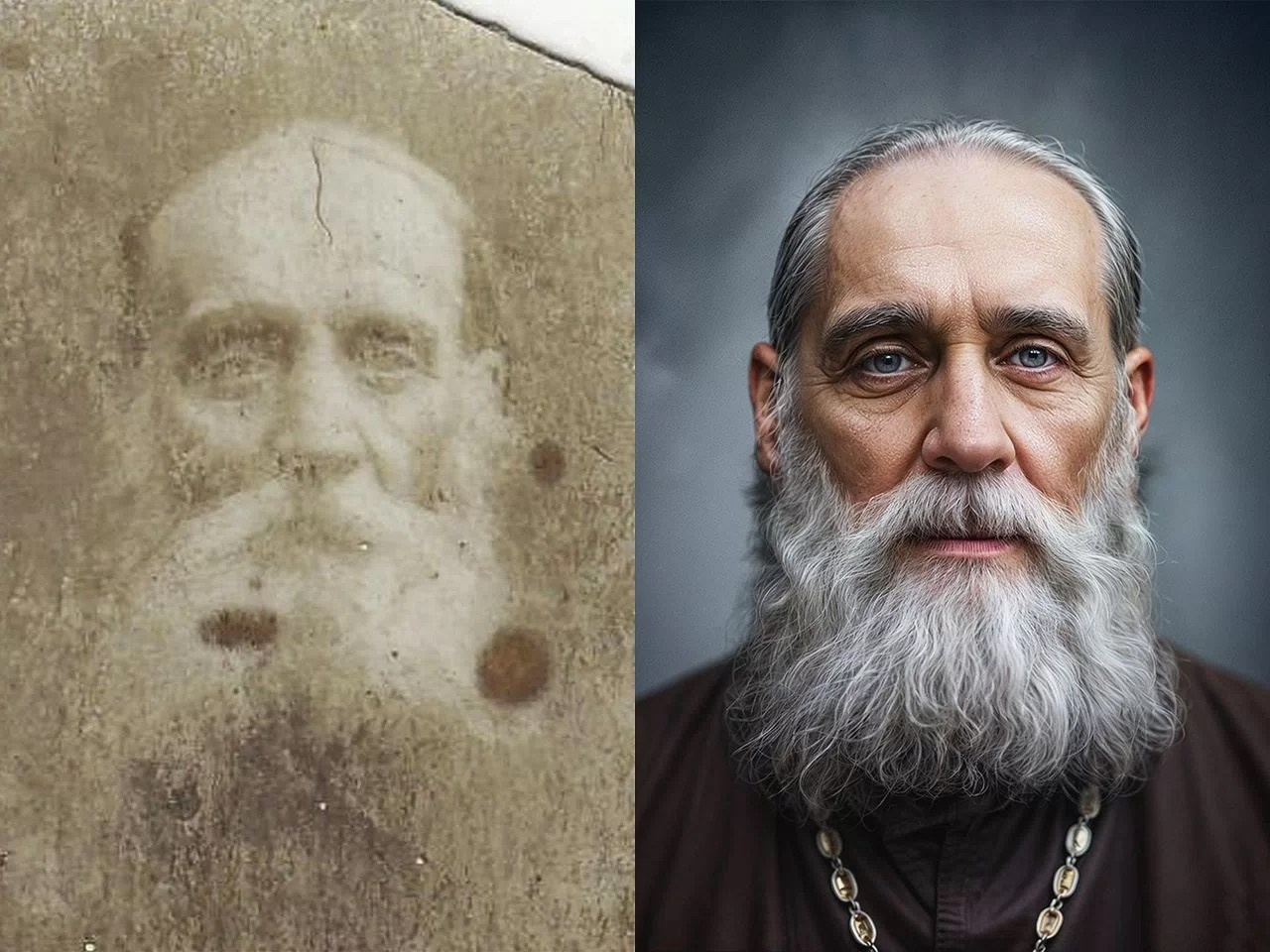 Before and after restoration of an old portrait of a bearded man. The left side shows a heavily faded and stained image, while the right side displays a vivid, fully restored version with lifelike details and enhanced clarity