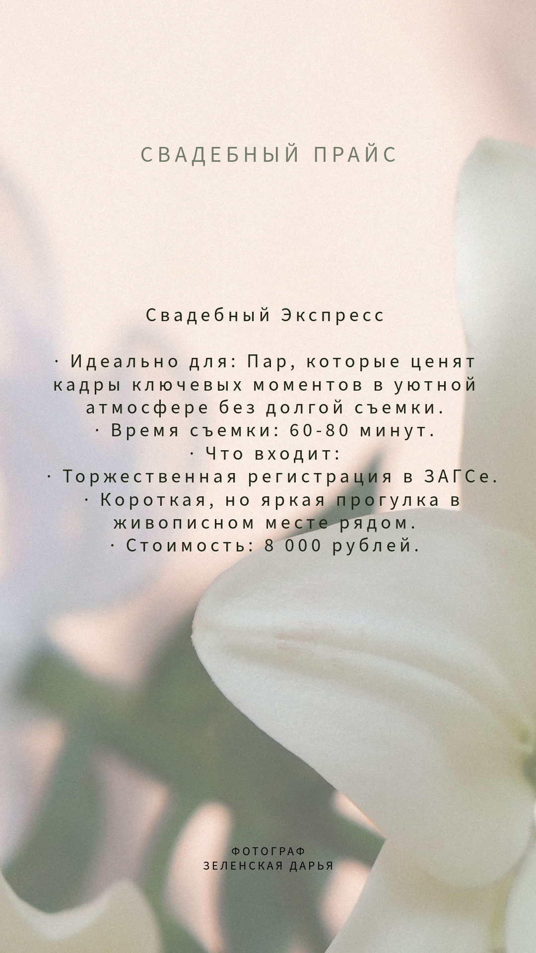 Савдебный прайс. Фотограф и видеограф Зеленская Дарья