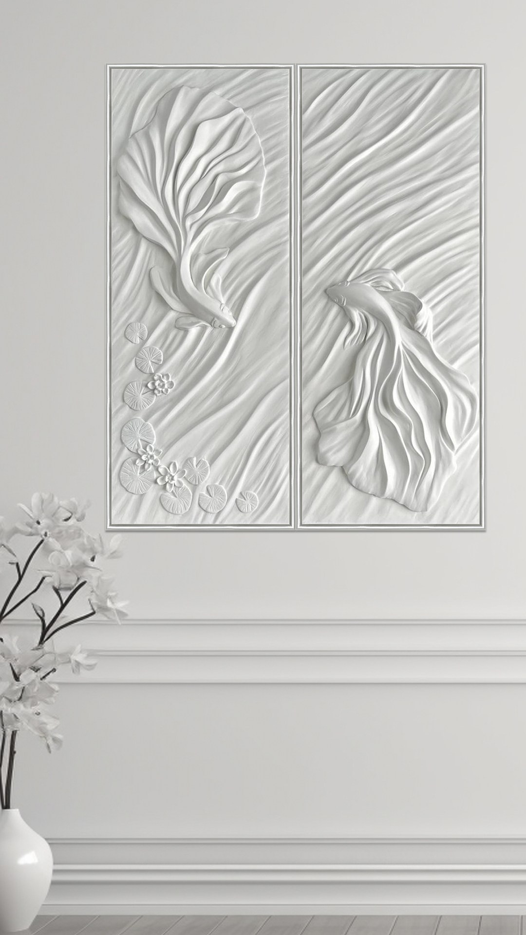 барельеф, панно, абстракция, декор, арт, геометрический барельеф, дизайн гостиной, интерьерные картины, декоративное панно, рыбки, диптих, объем, фактура, интерьерная картина, дизайн офиса, интерьер кабинета, дерево