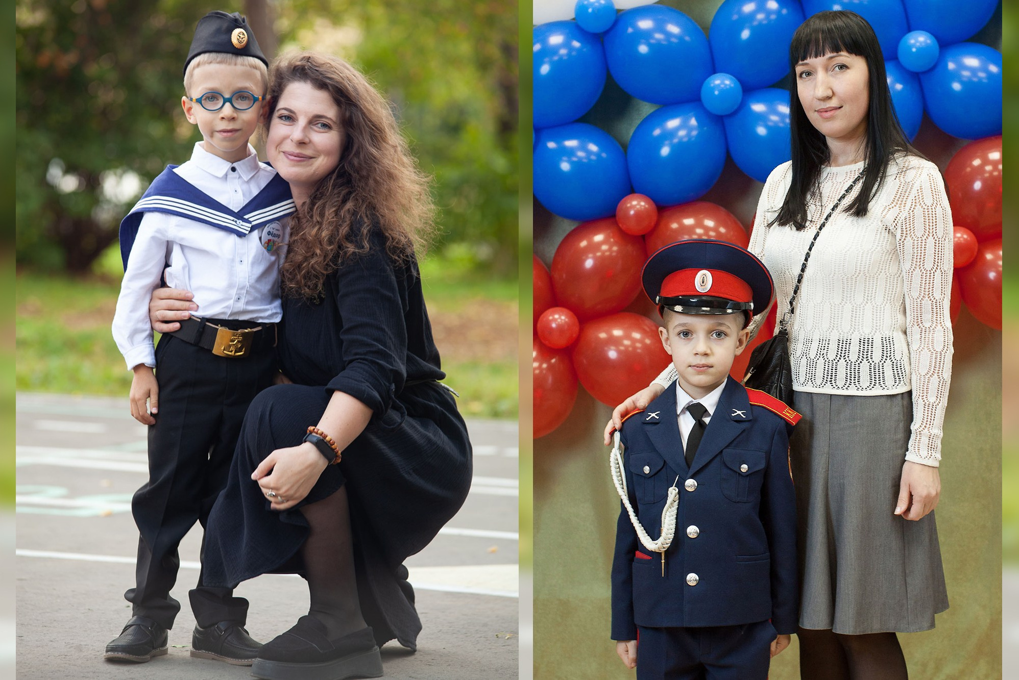 Первоклассник с родителями во время школьной фотосессии