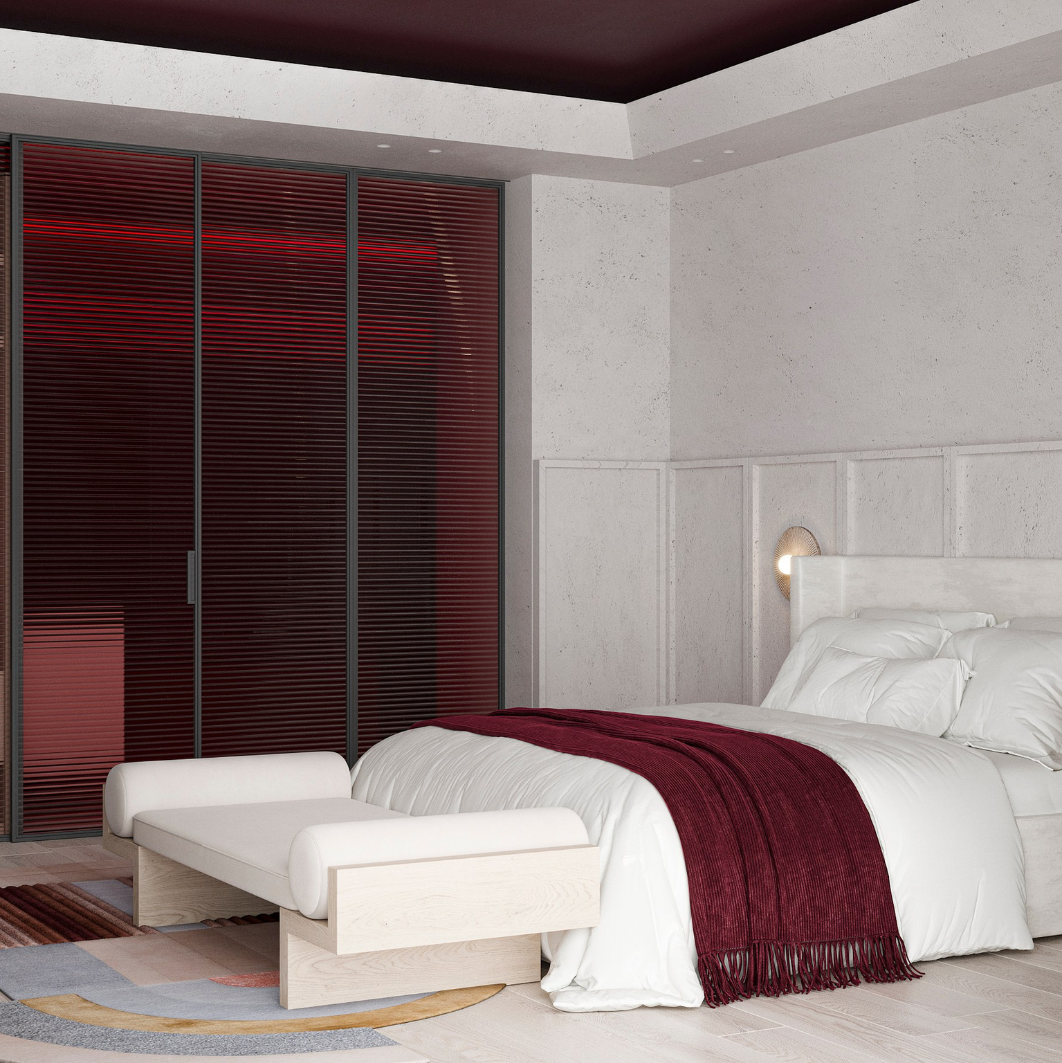 Элегантный интерьер спальни в бежевом и винном оттенке 