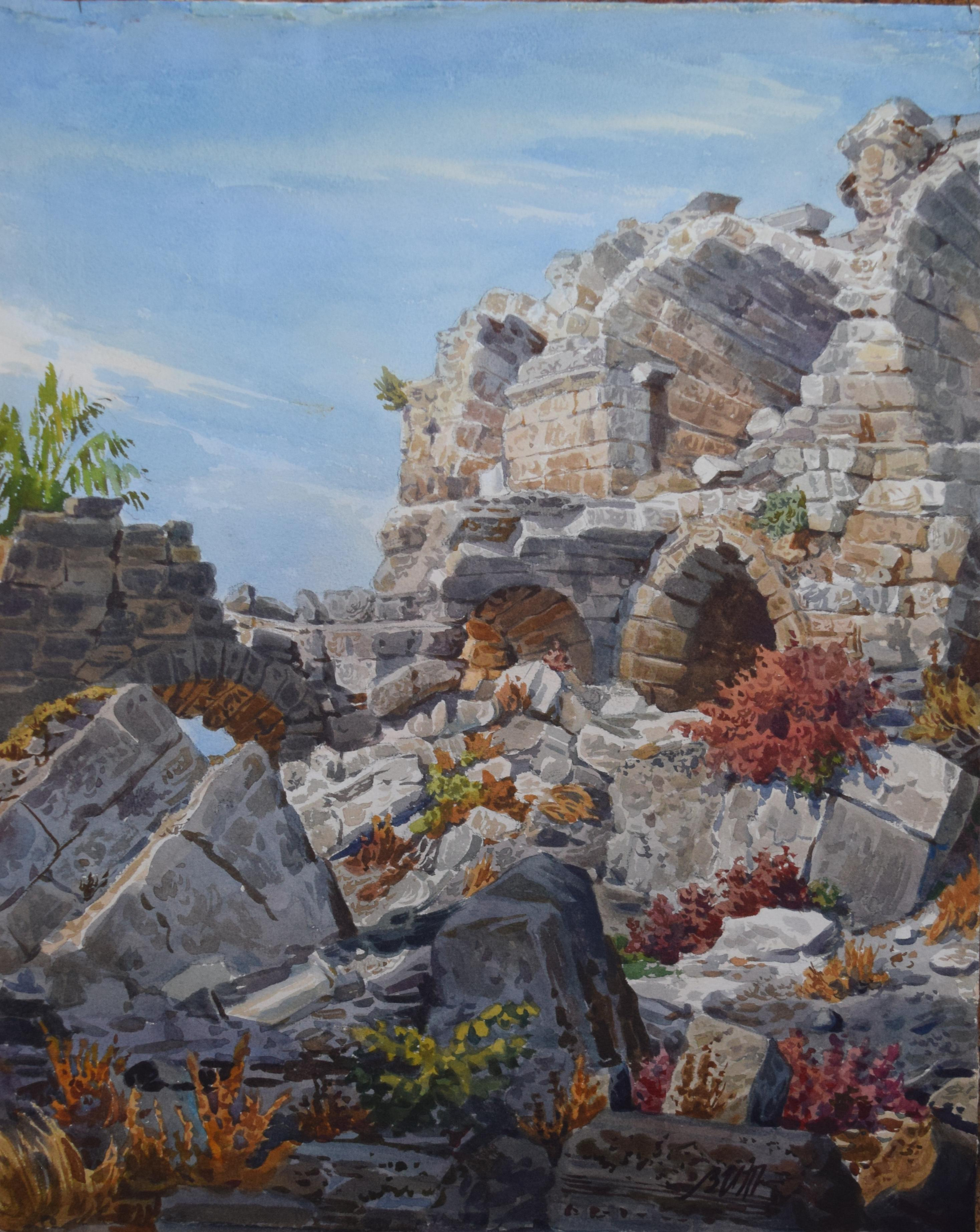 Акварель. Пейзаж. Картина. Турция. Сиде. Руины римского амфитеатра. Романтизм. Путешествия.