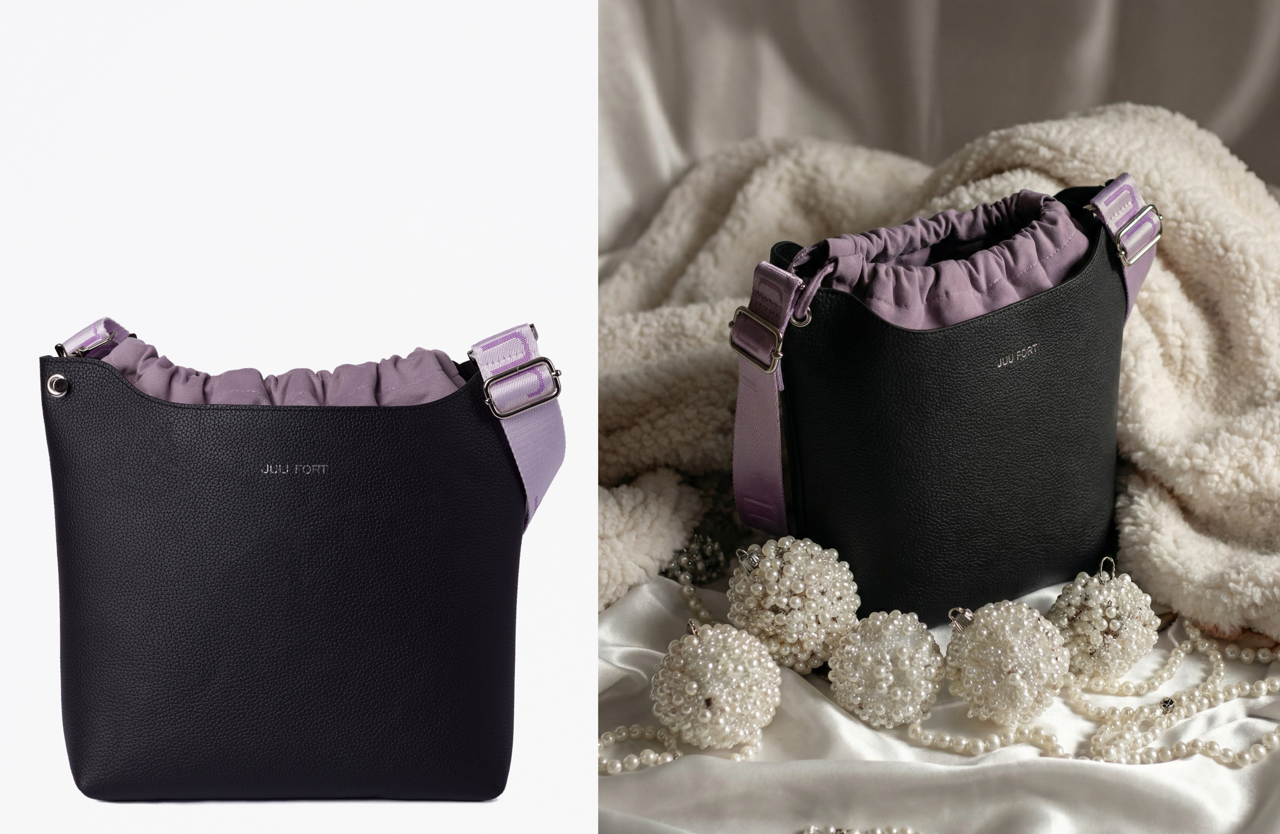 Предметная ии фотосессия сумки -коричневая сумка на белом фоне с белыми жемчужными шарами