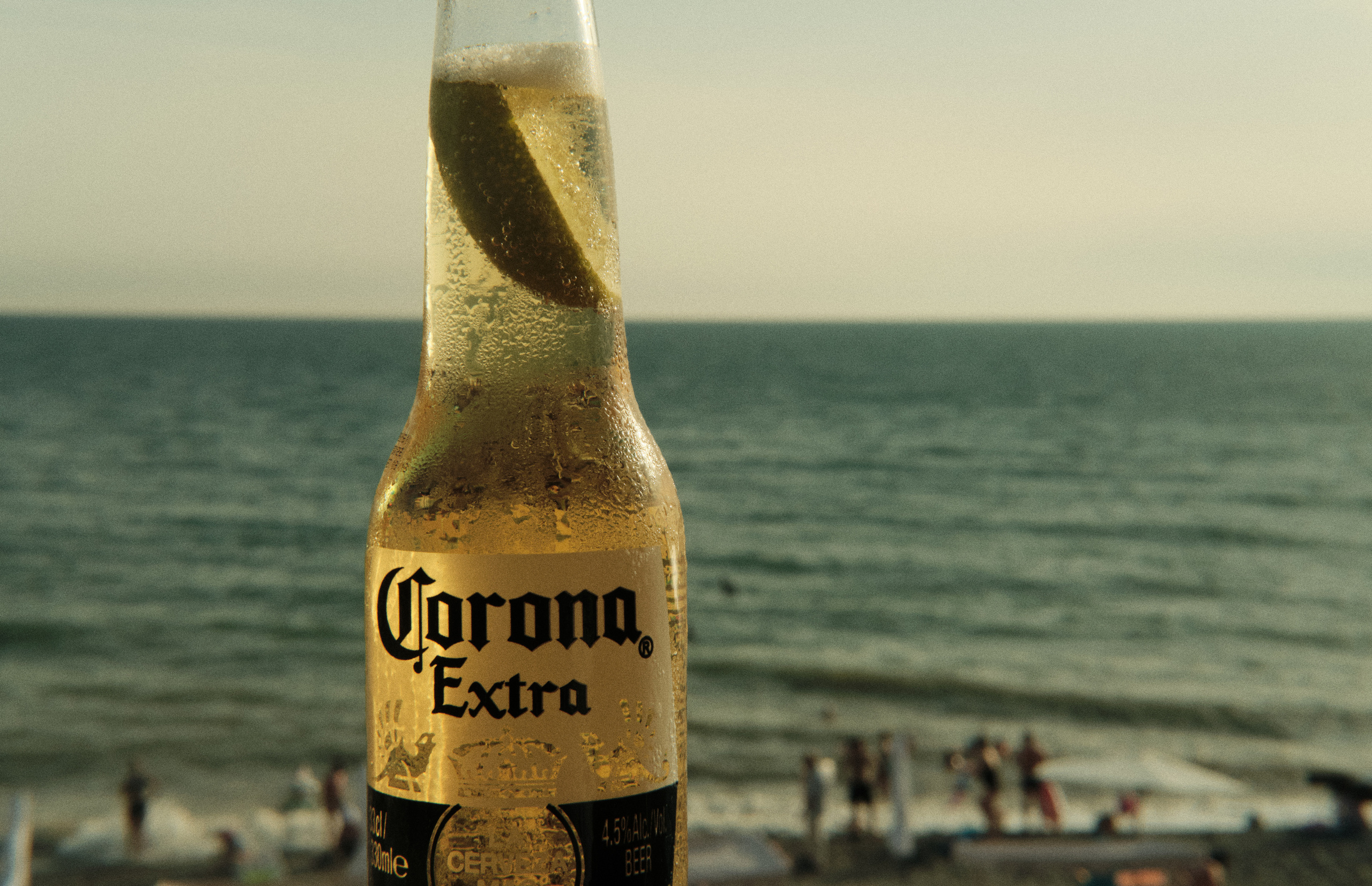 бутылка пива корона на фоне моря