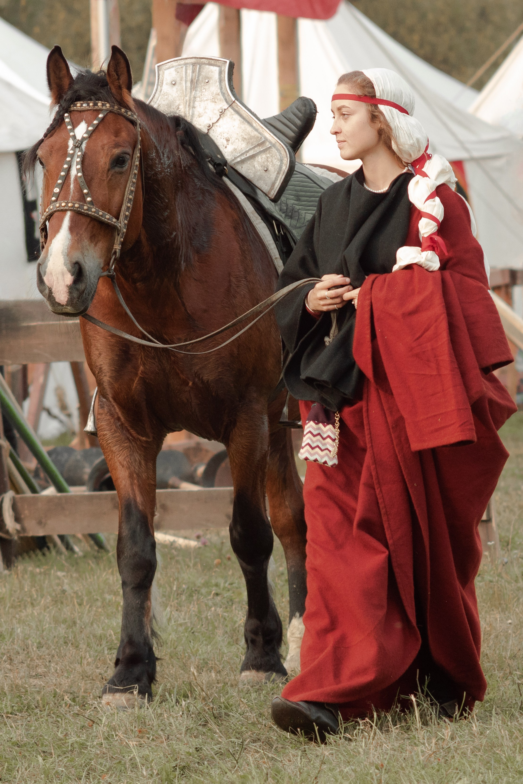 Девушка в историческом костюме с конем