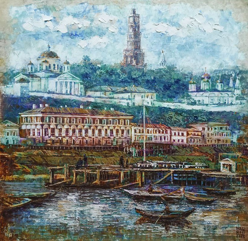 картины, интерьерные картины, картины маслом, масло, природа, живопись, Нижний Новгород, Старый Нижний, город, картина с Нижнем Новгородом, корабль, теплоход, пароход, панорама, виды Нижнего, старина, ретро стиль, нижегородские виды