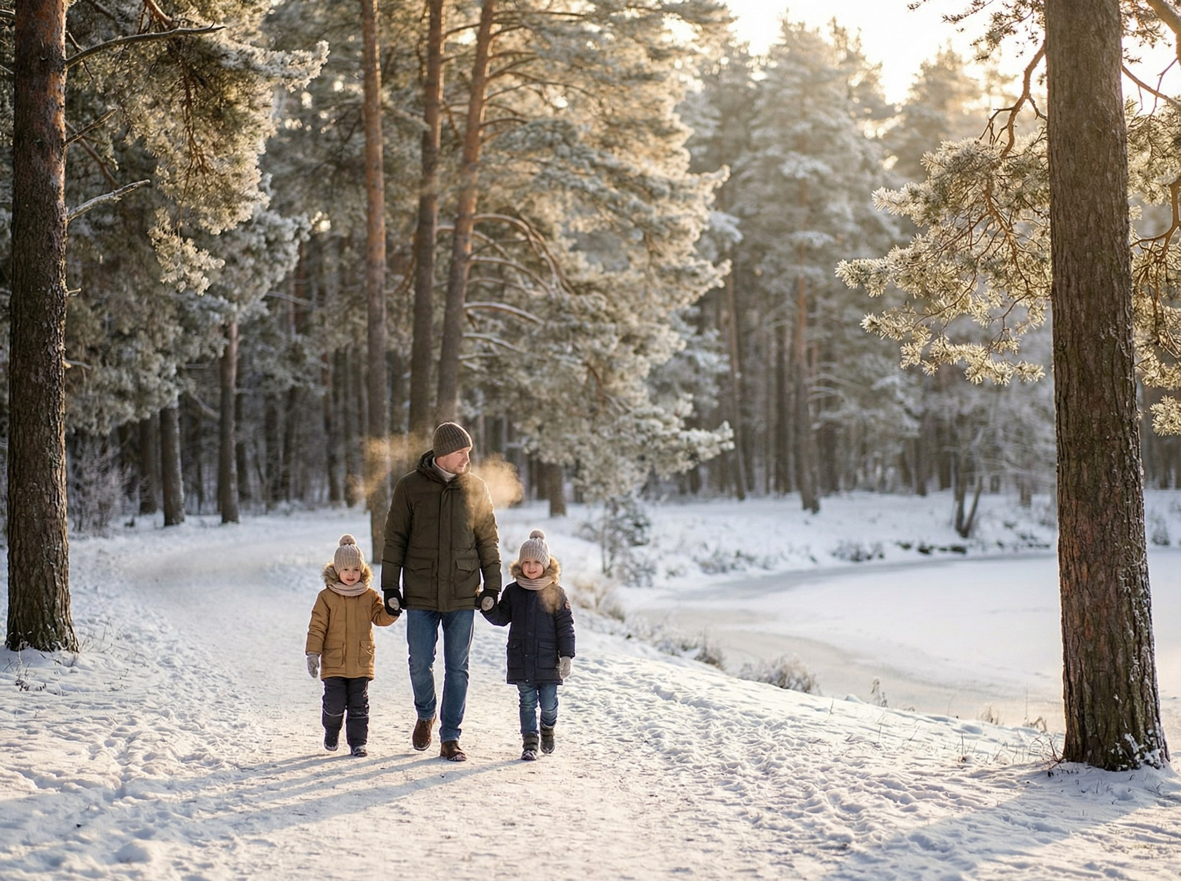 Семья на зимней прогулке в Минске у Комсомольского озера, Минск