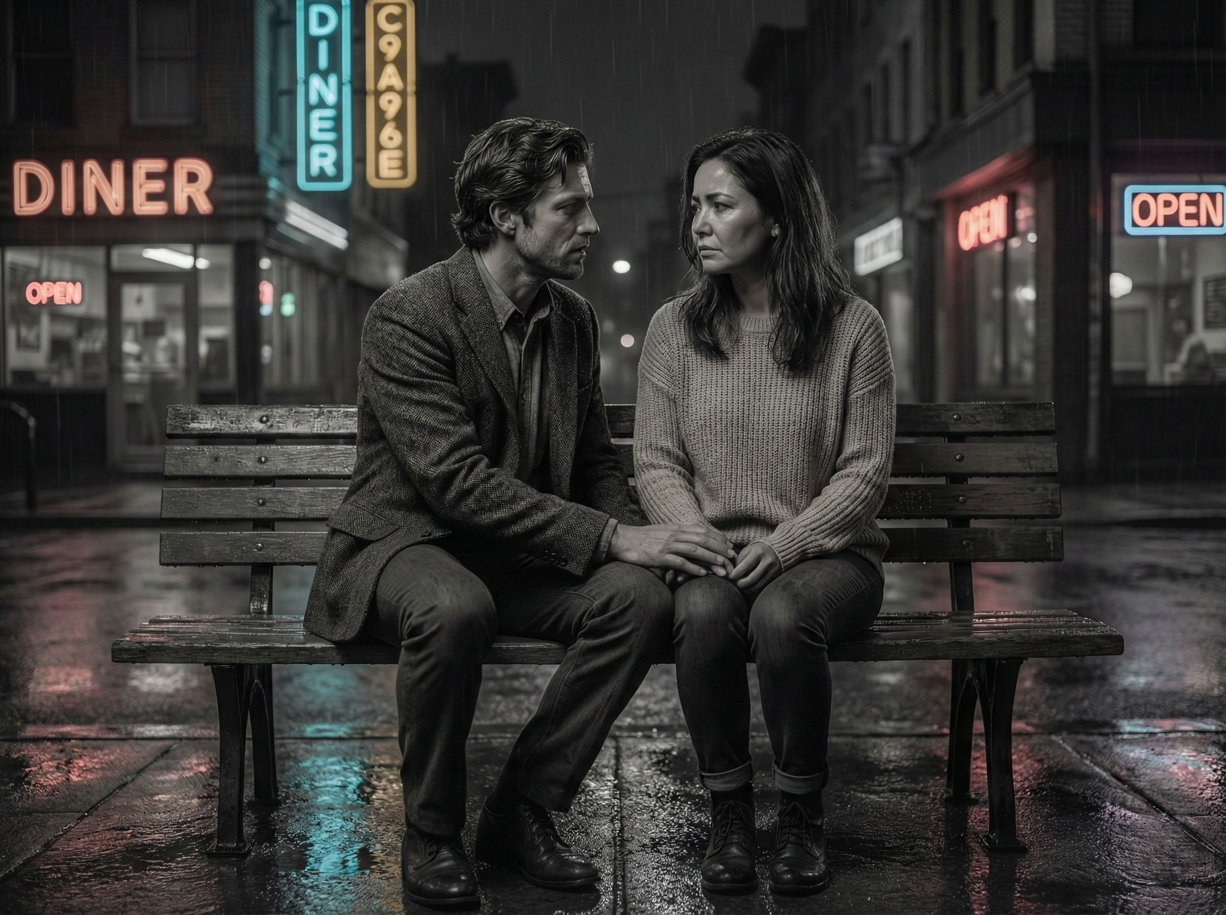 Пример портрета в стиле Neon Noir, сгенерированного нейросетью Foto-AI