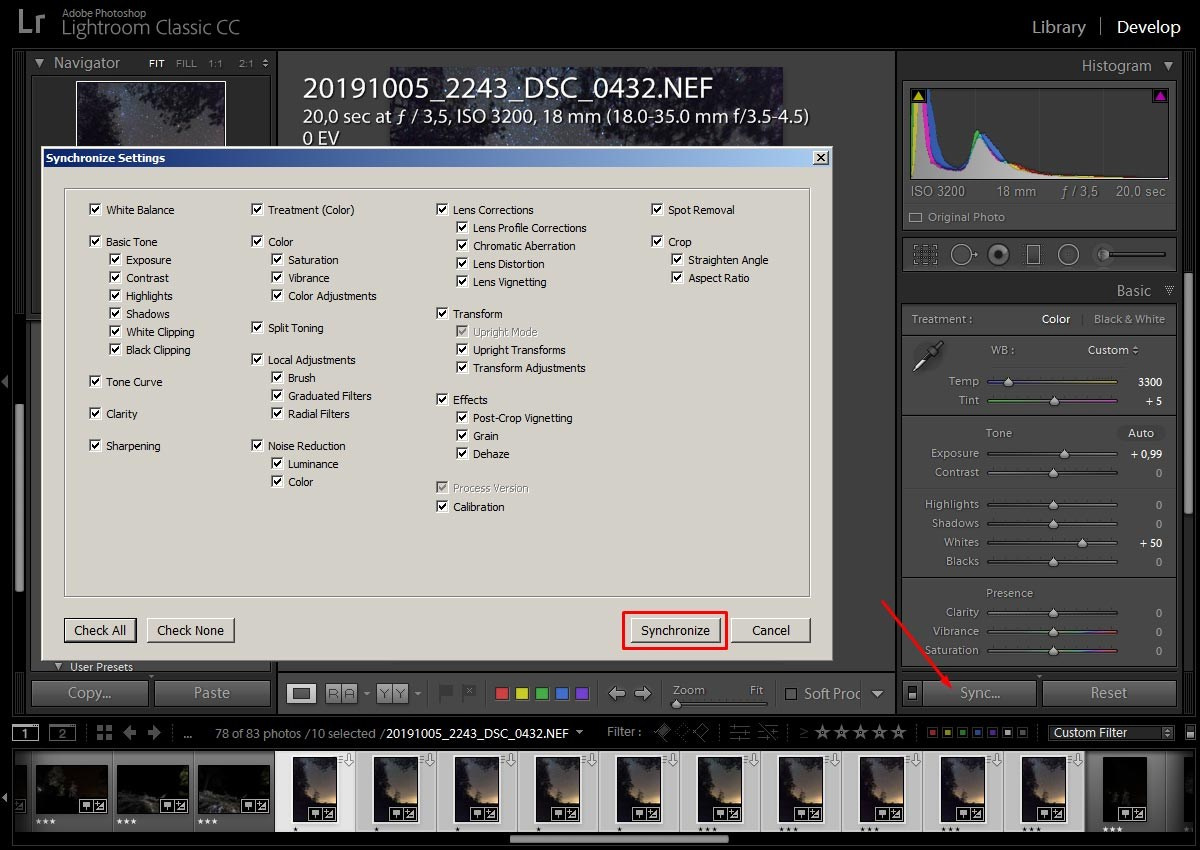 Настройки Лайтрум при обработке ночного пейзажа.