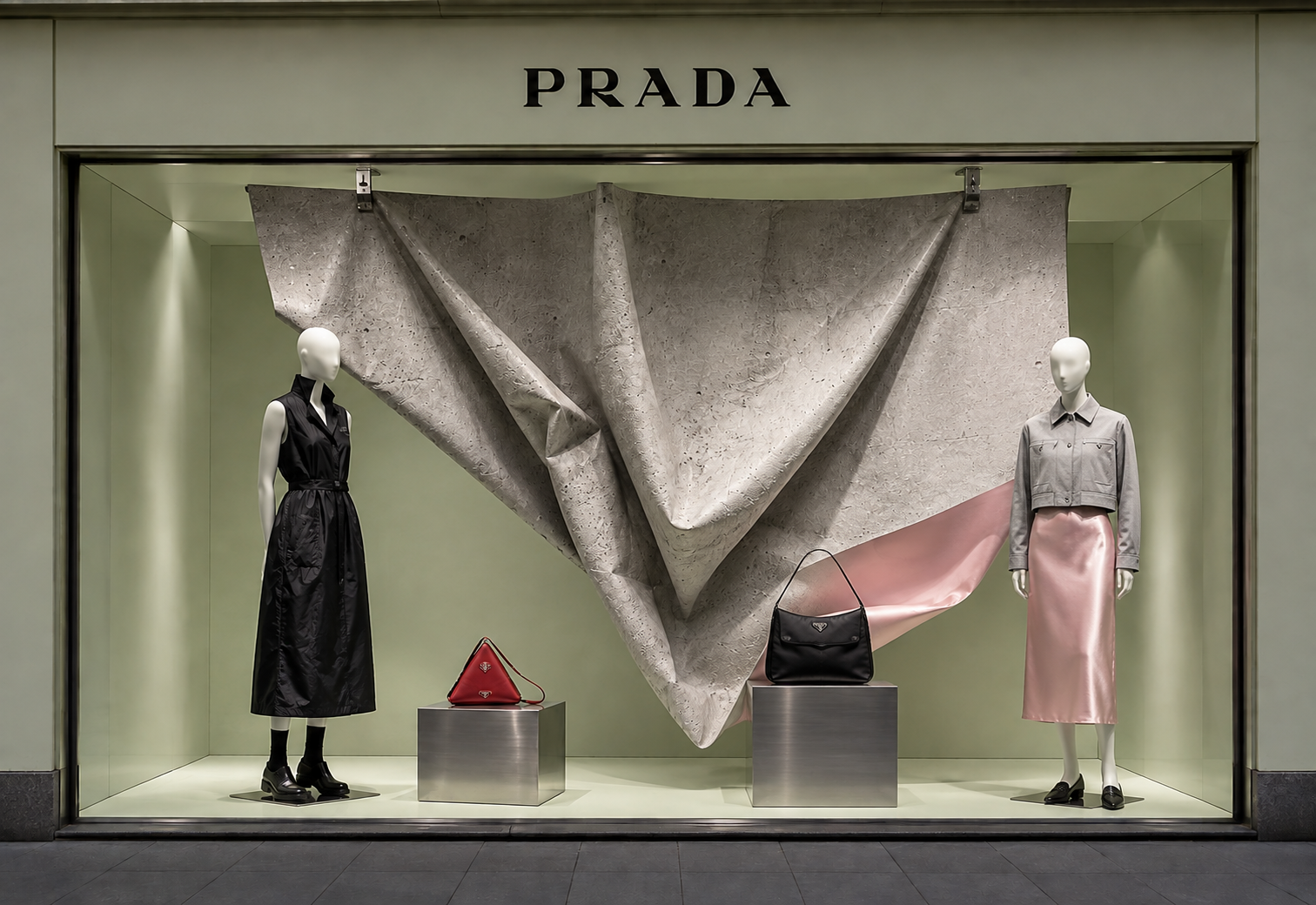 PRADA — Мягкий бетон. Независимая концепция витрины MARUK, AI-визуализация.