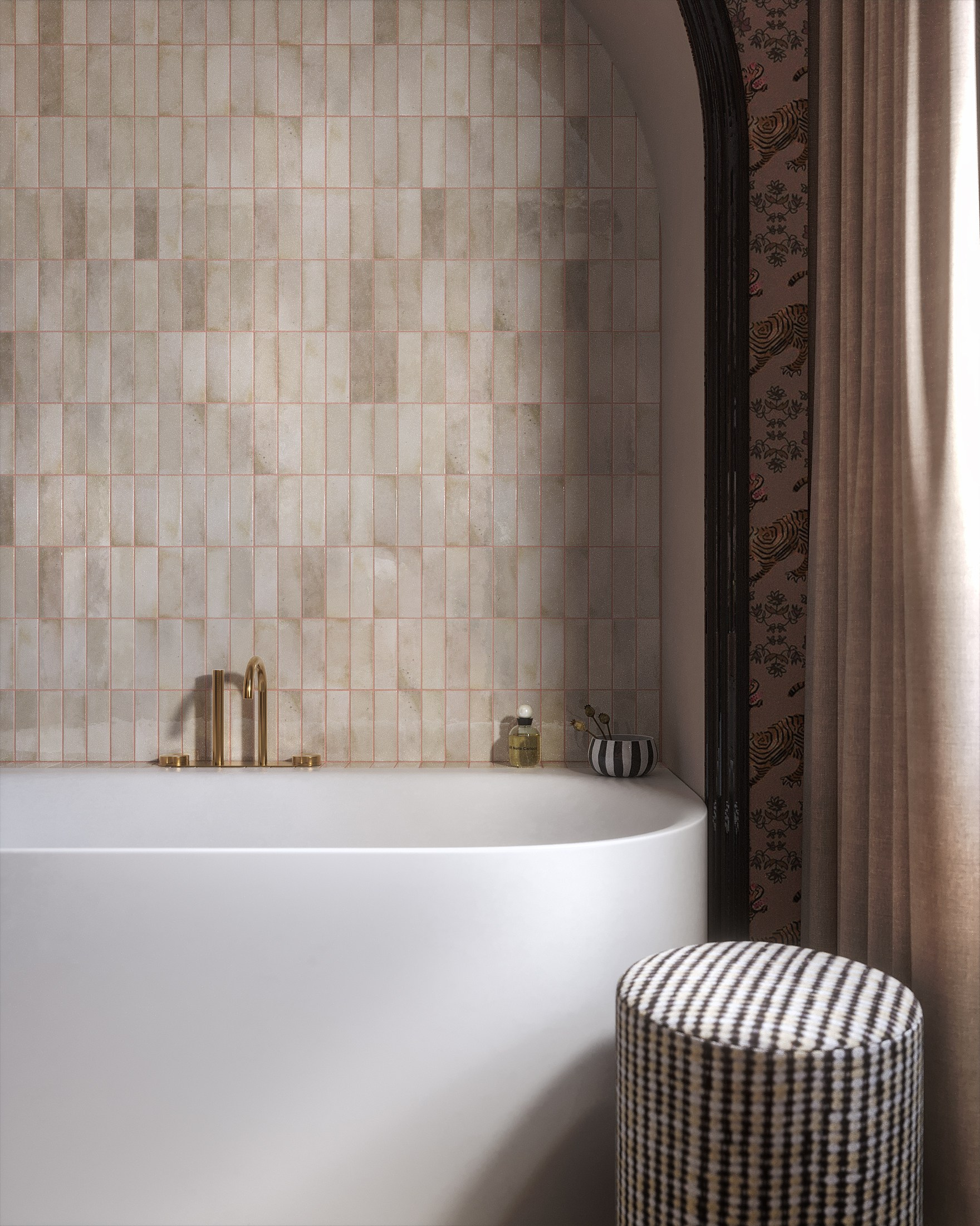 Detailed 3D visualization of a bathtub niche with cream tiles and gold faucet, combining textures of stone, brass, and patterned wallpaper; visualización 3D de un elegante baño con bañera exenta blanca, papel pintado con tigres y suelo de mármol beige